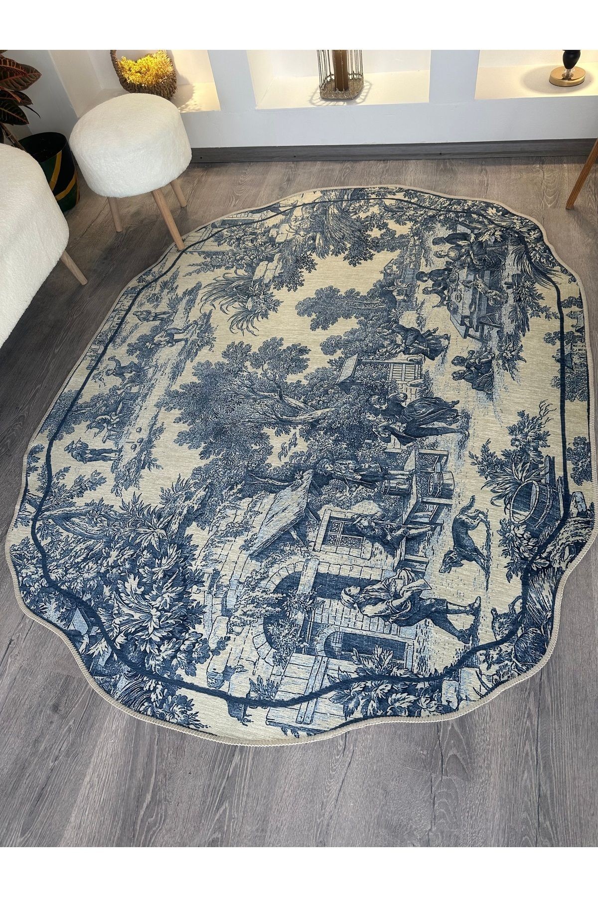 Série Vintage Blue Blanc Mavi Bej Desenli Dokuma Taban Dekoratif Halı vintage02