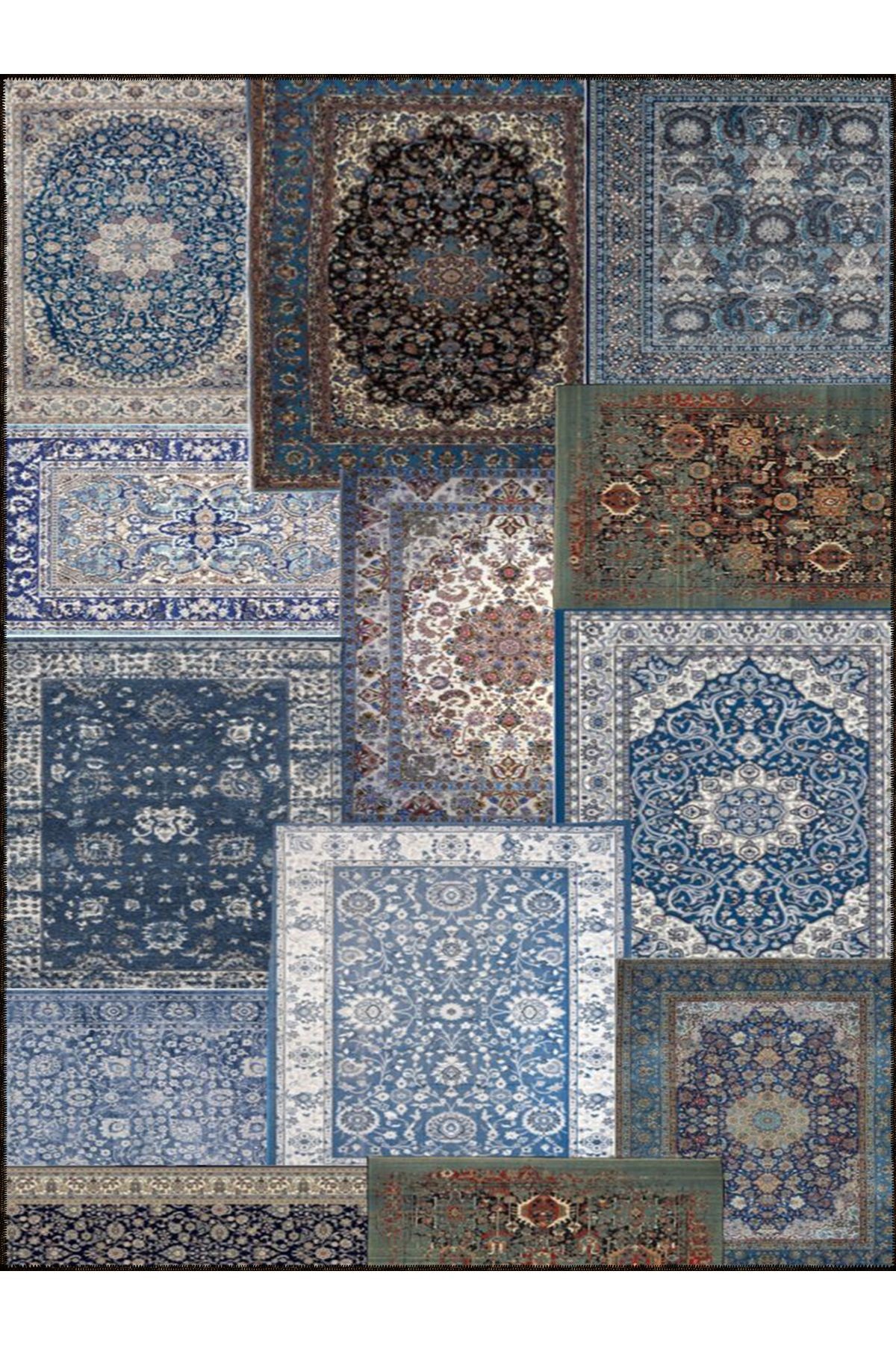 Kuvars Koleksiyonu Mavi Temalı Çok Renkli Vintage Desenli Dokuma Taban Etnik Dekoratif Halı kuvars14