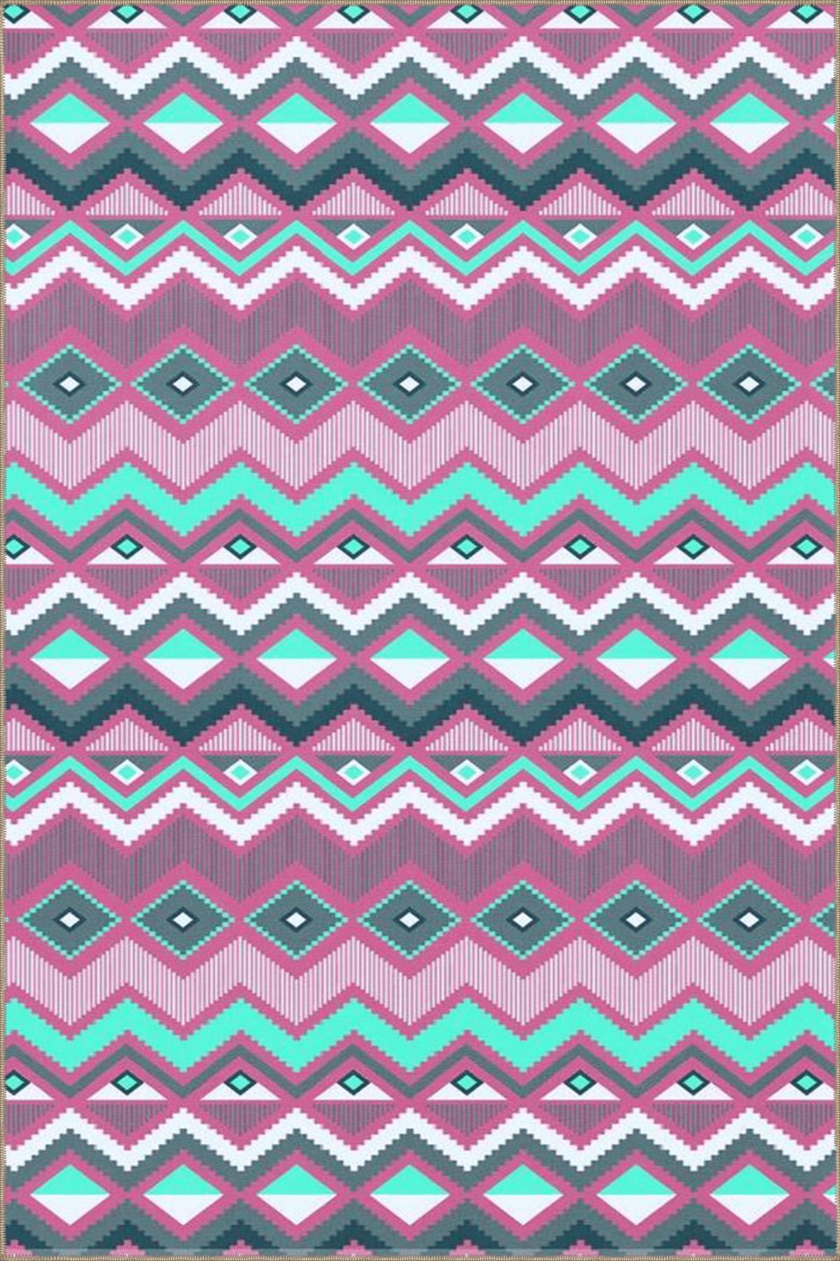 Pembe Temalı Zik Zak Geometrik Desenli Modern Dekoratif Halı 4690