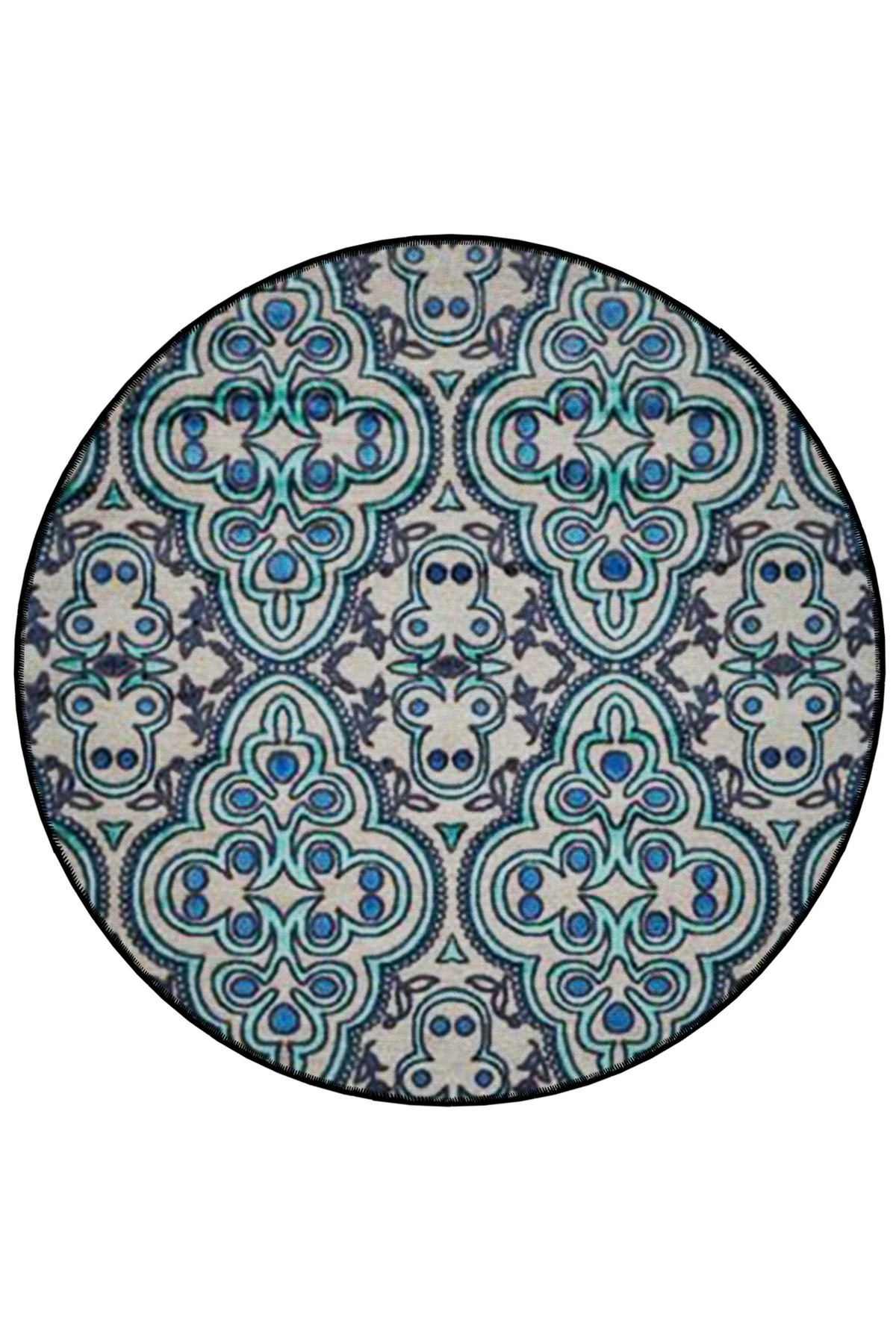 Mira Yuvarlak Mavi Tonlarda Etnik Desen Detaylı Dokuma Taban Modern Dekoratif Halı 5590