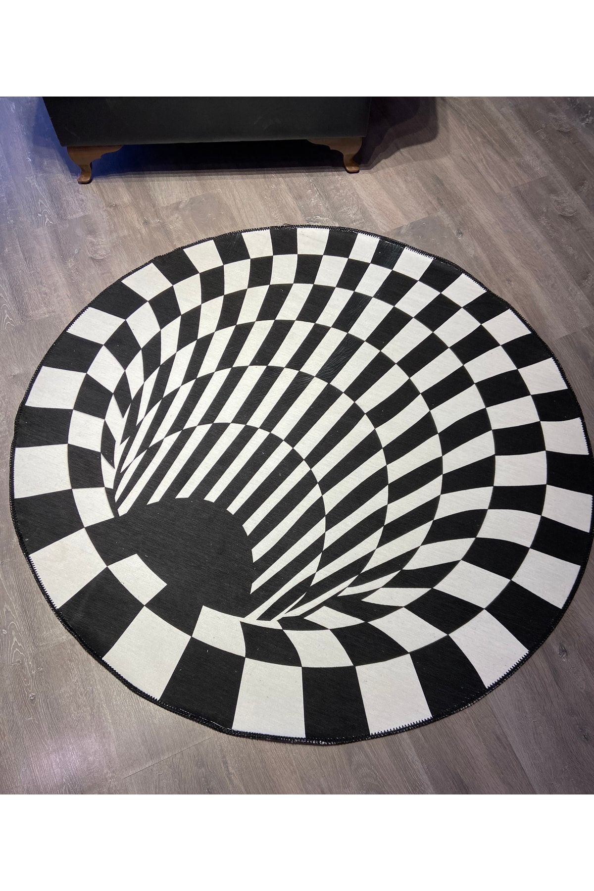 Mira 813 Soyut Desen Siyah Beyaz Dekoratif Kaymaz Taban Çap Yıkanabilir Halı