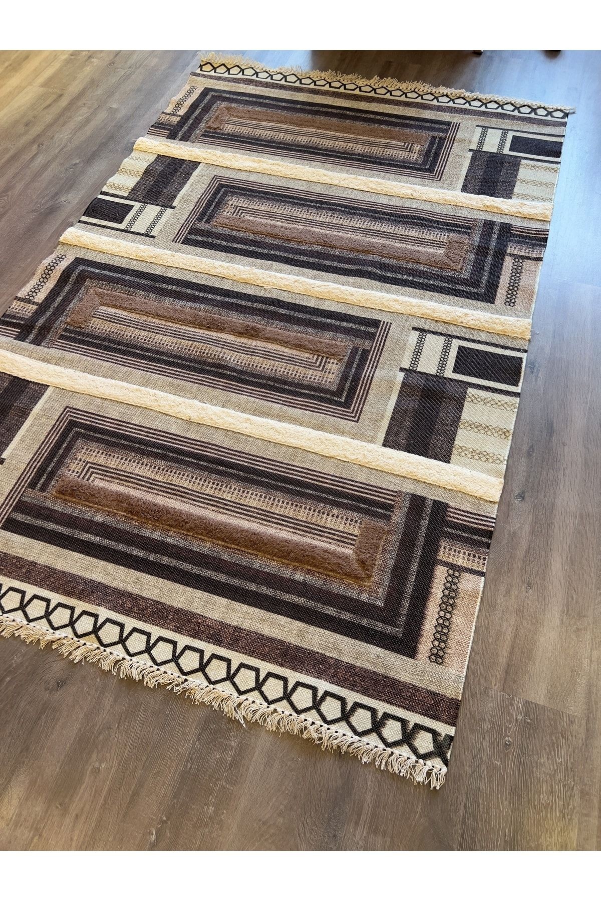 Rustik 4045 Acı Kahve Siyah Gri Saçaklı Desenli Kilim