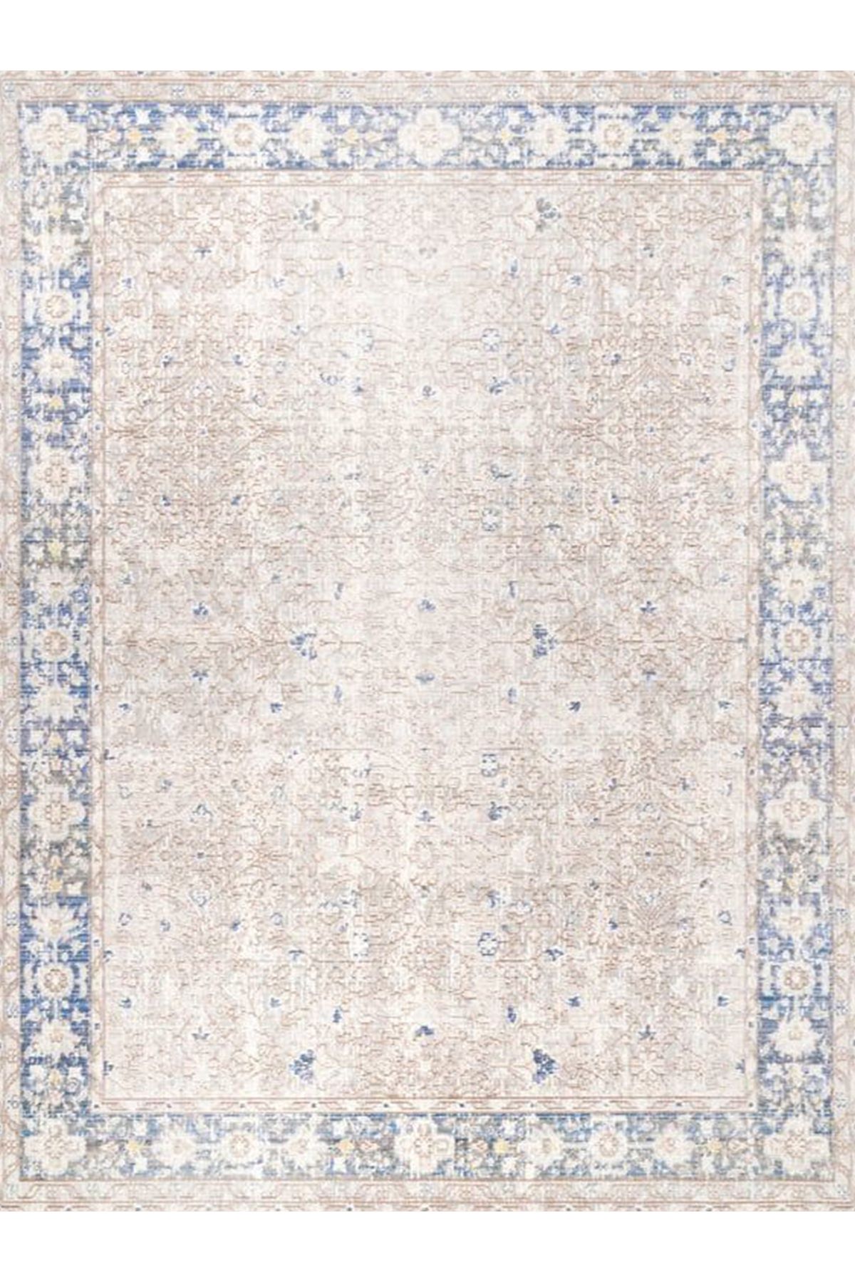 Güney Koleksiyonu Bej Mavi Tema Kenar Motifli Klasik Desenli Vintage Dekoratif Halı 17