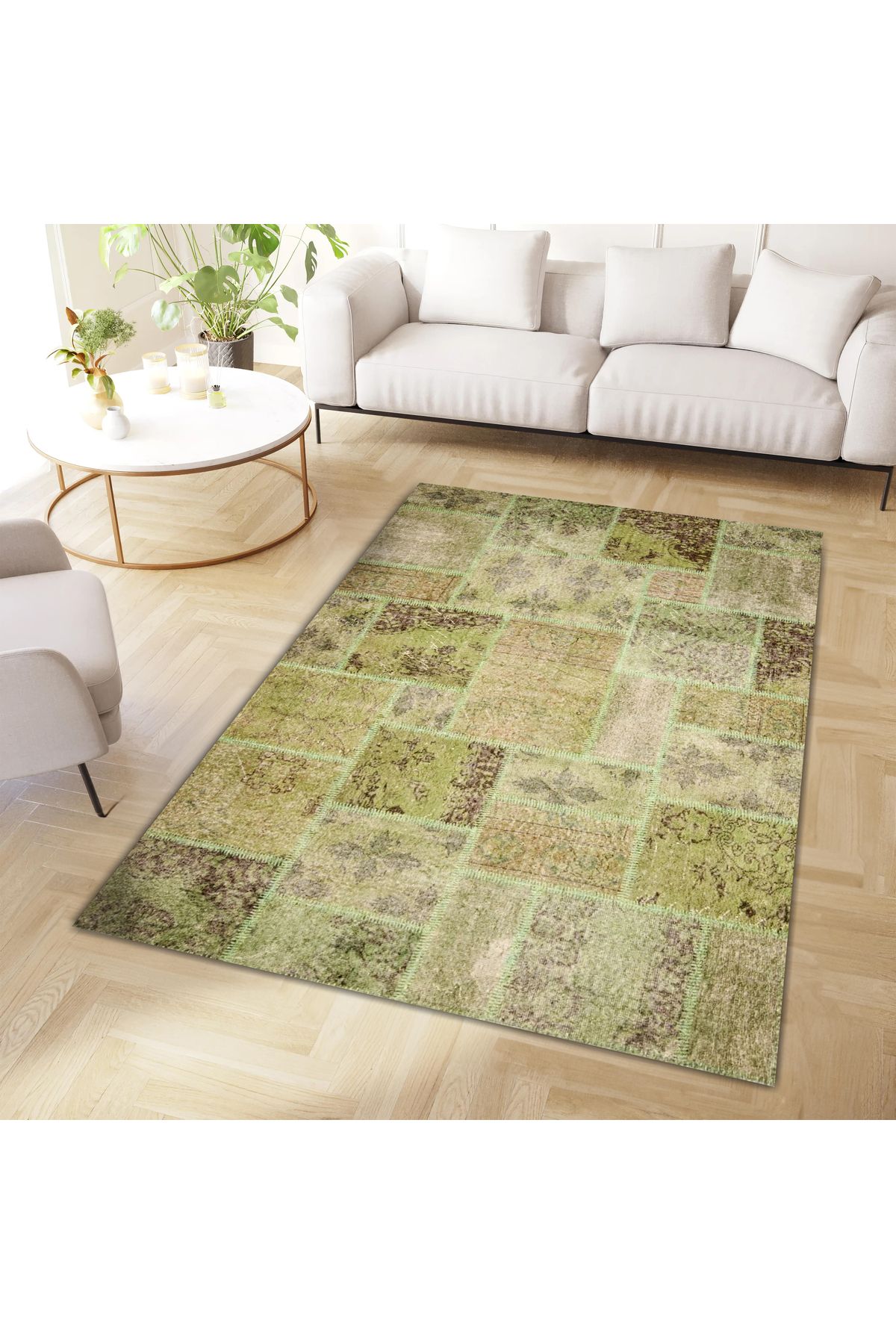 Cansu Koleksiyonu Eskitme Patchwork Görünümlü Yeşil Tonlarda Dokuma Taban Dekoratif Halı cansu09