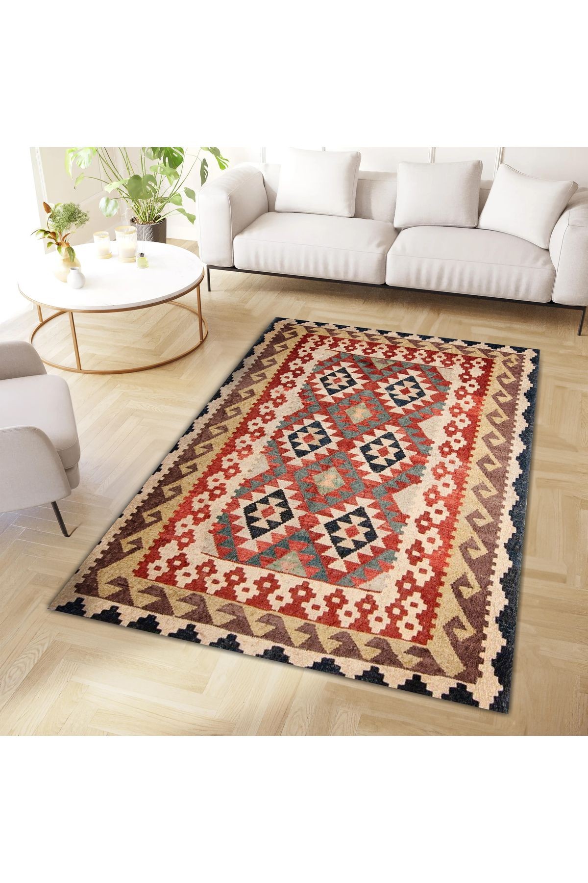 Aysu Koleksiyonu Çok Renkli Etnik Desen Detaylı Dokuma Taban Modern Dekoratif Halı aysu10