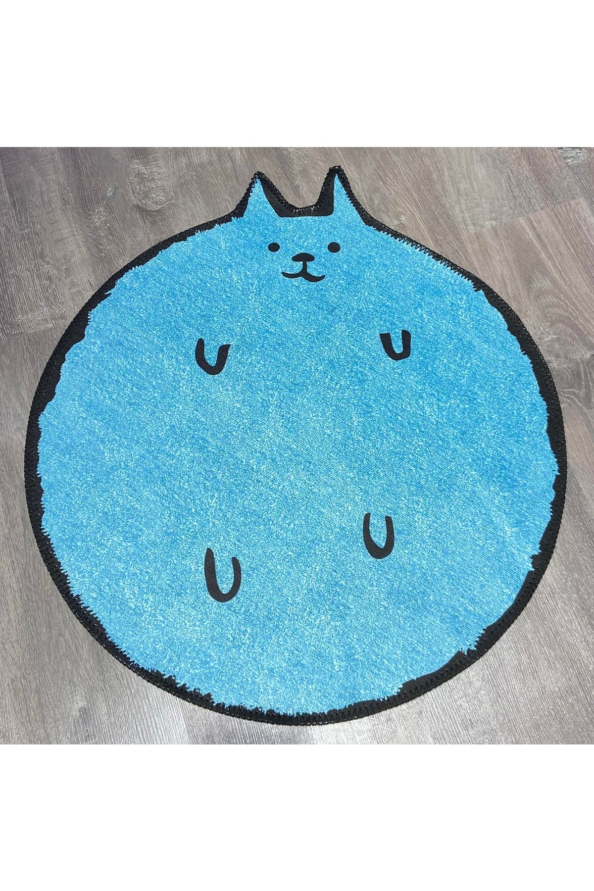 Mira 838 Mavi Kedi Desenli Dekoratif Yıkanabilir Yuvarlak Halı