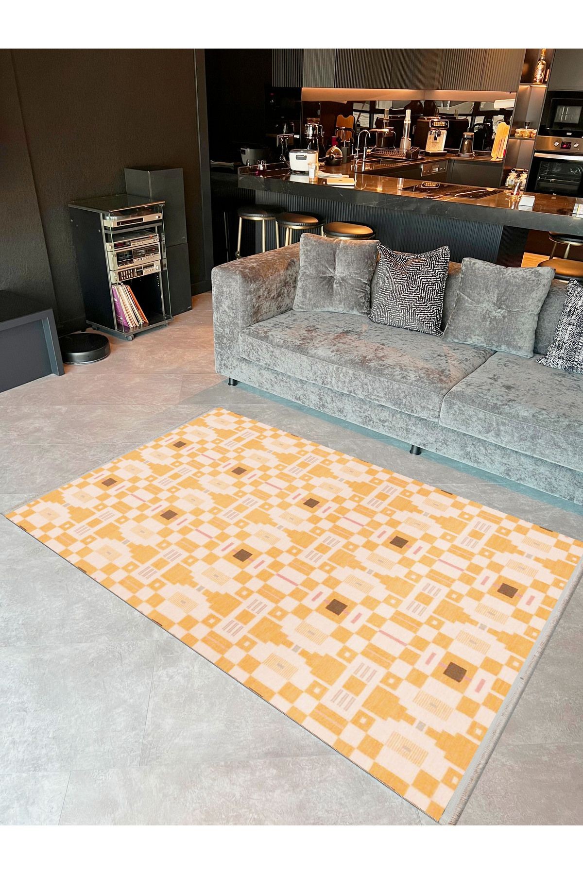 Paris Koleksiyonu Sarı Temalı Geometrik Motif Desenli Modern Dekoratif Halı 174