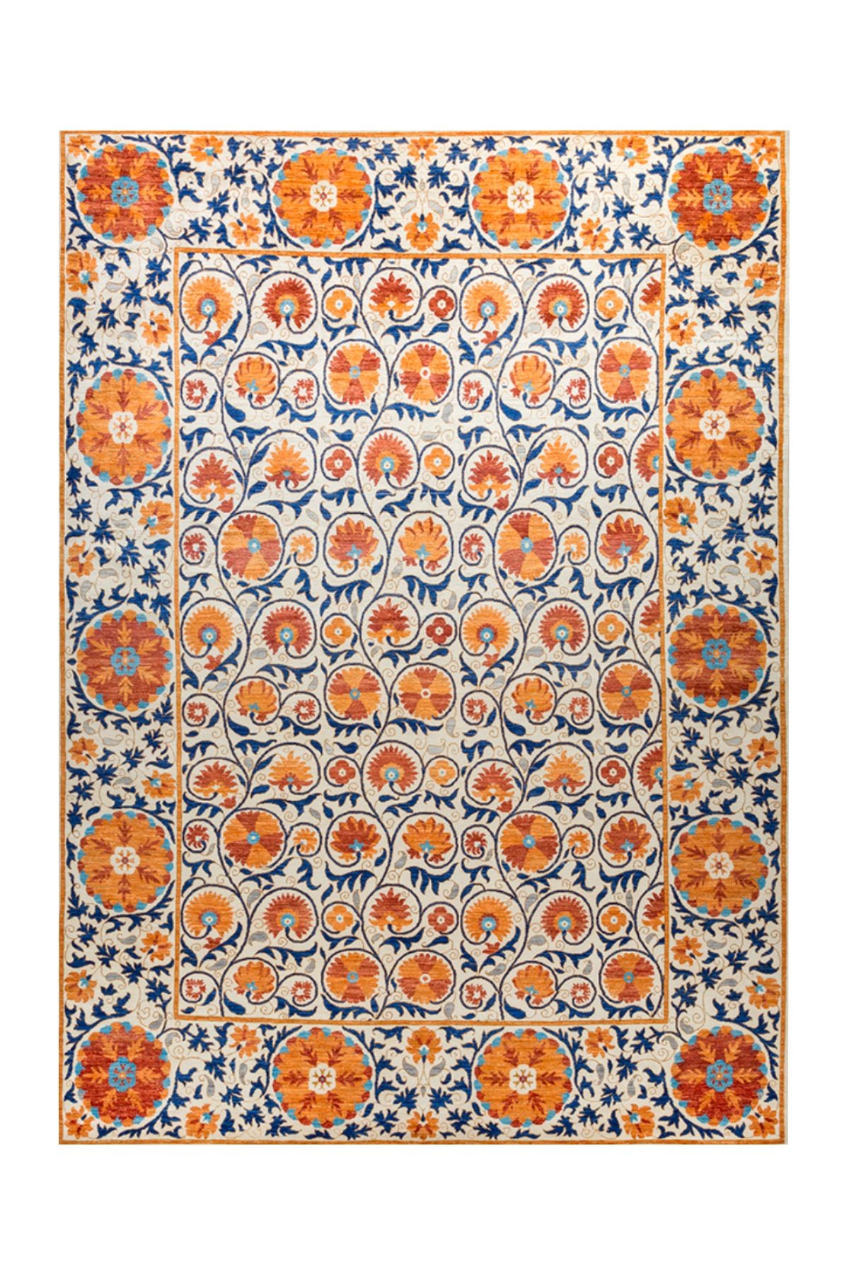 Suzani Çini Desen Etnik Turuncu Kiremit Renk Çok Renkli Desenli Dekoratif Halı 1721