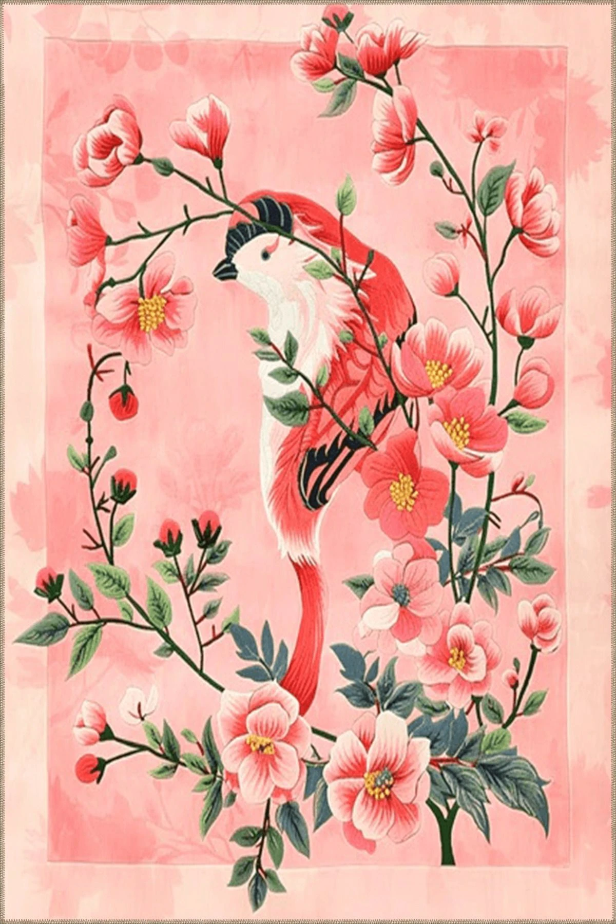 Paris Koleksiyonu Pembe Temalı Çiçek Sarmaşık ve Kuş Desenli Modern Dekoratif Halı 141