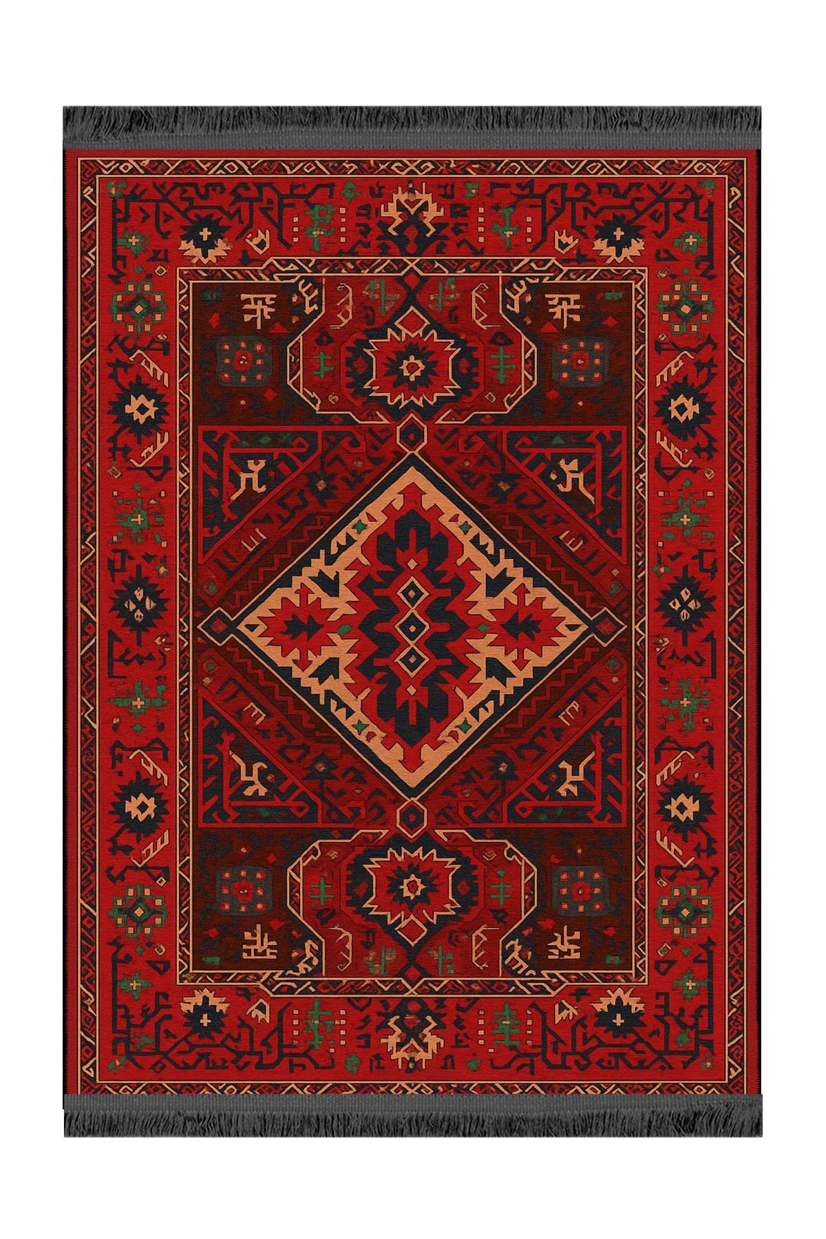 MOSSO Kırmızı Siyah Tonlarda Etnik Motifler Desenli Dokuma Taban Vintage Dekoratif Halı mosso104