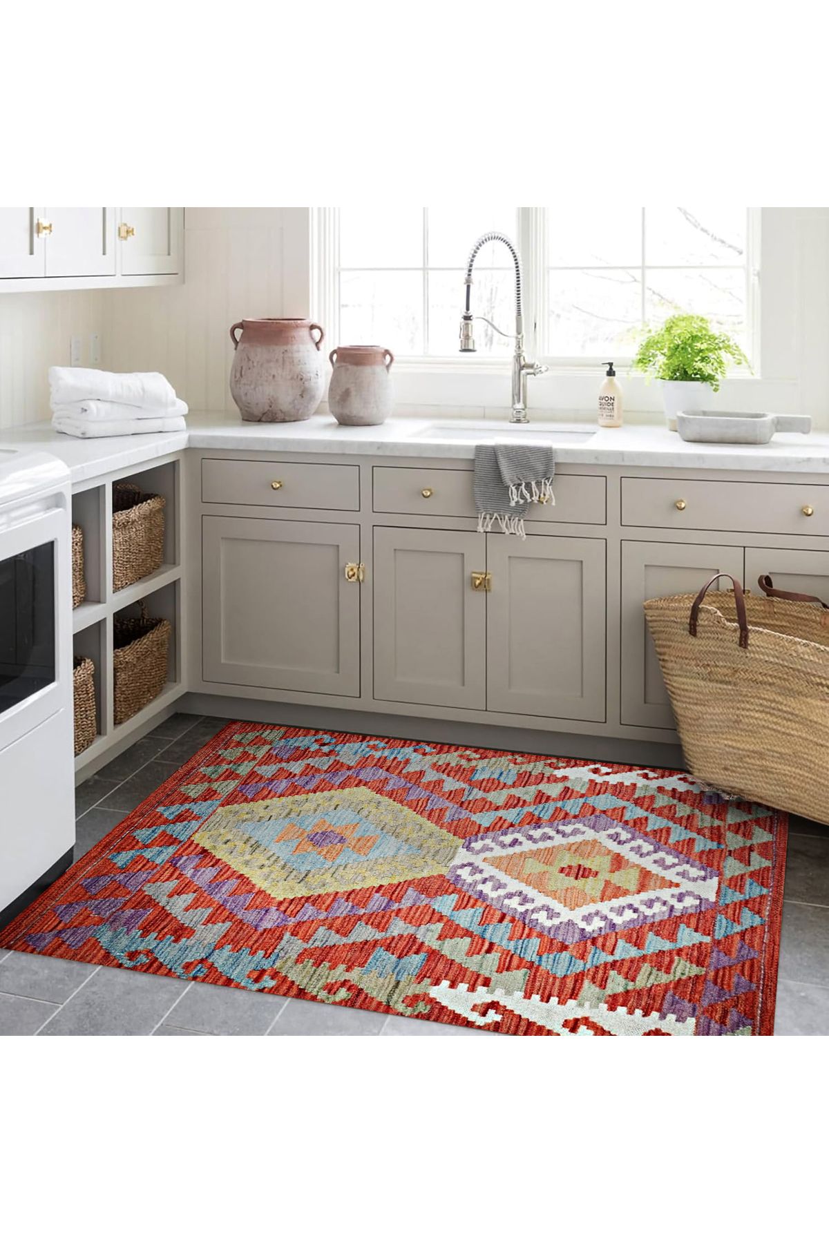 Asena Koleksiyonu Kırmızı Tema Çok Renkli Geometrik Motifler Desenli Vintage Dekoratif Halı 18