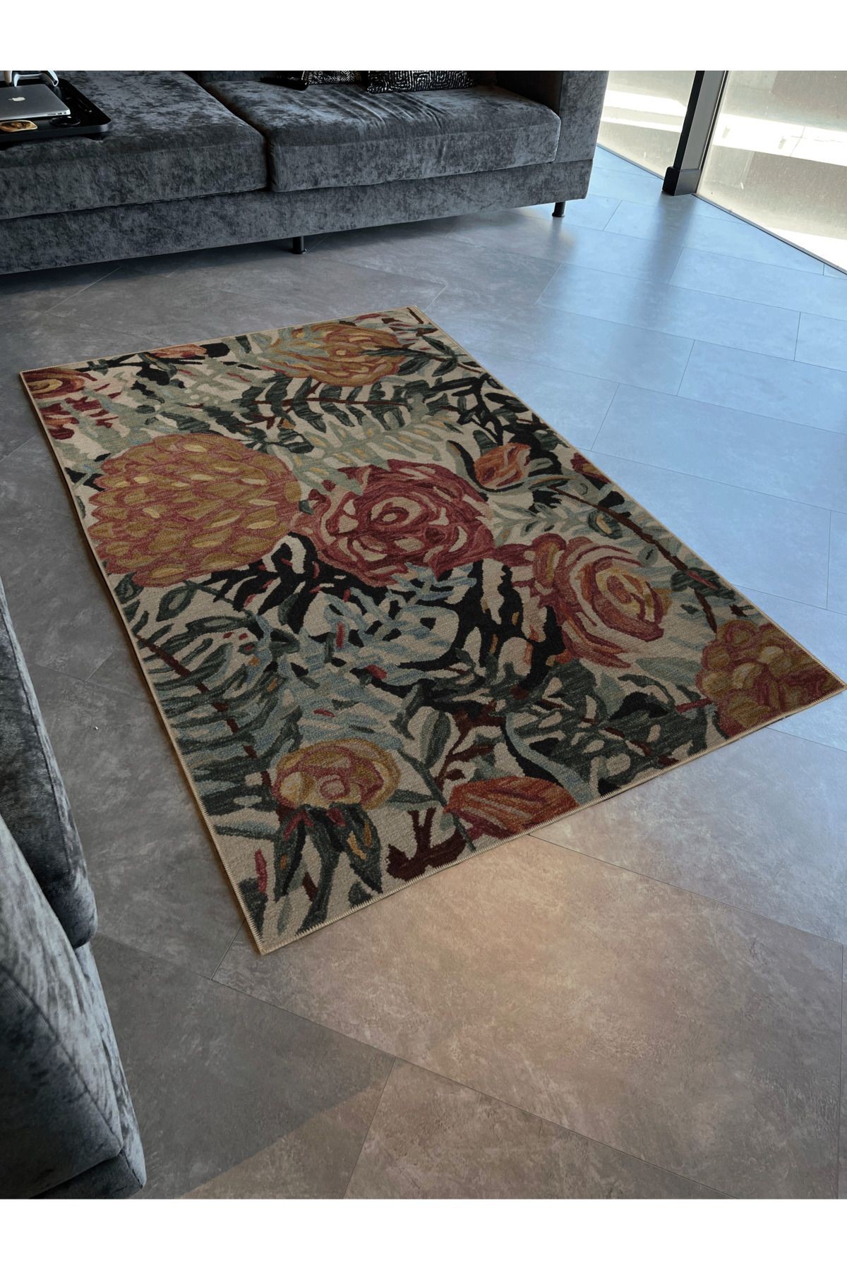 Çok Renkli Yaprak ve Çiçek Gül Desenli Kreatif Modern Dekoratif Halı 3013