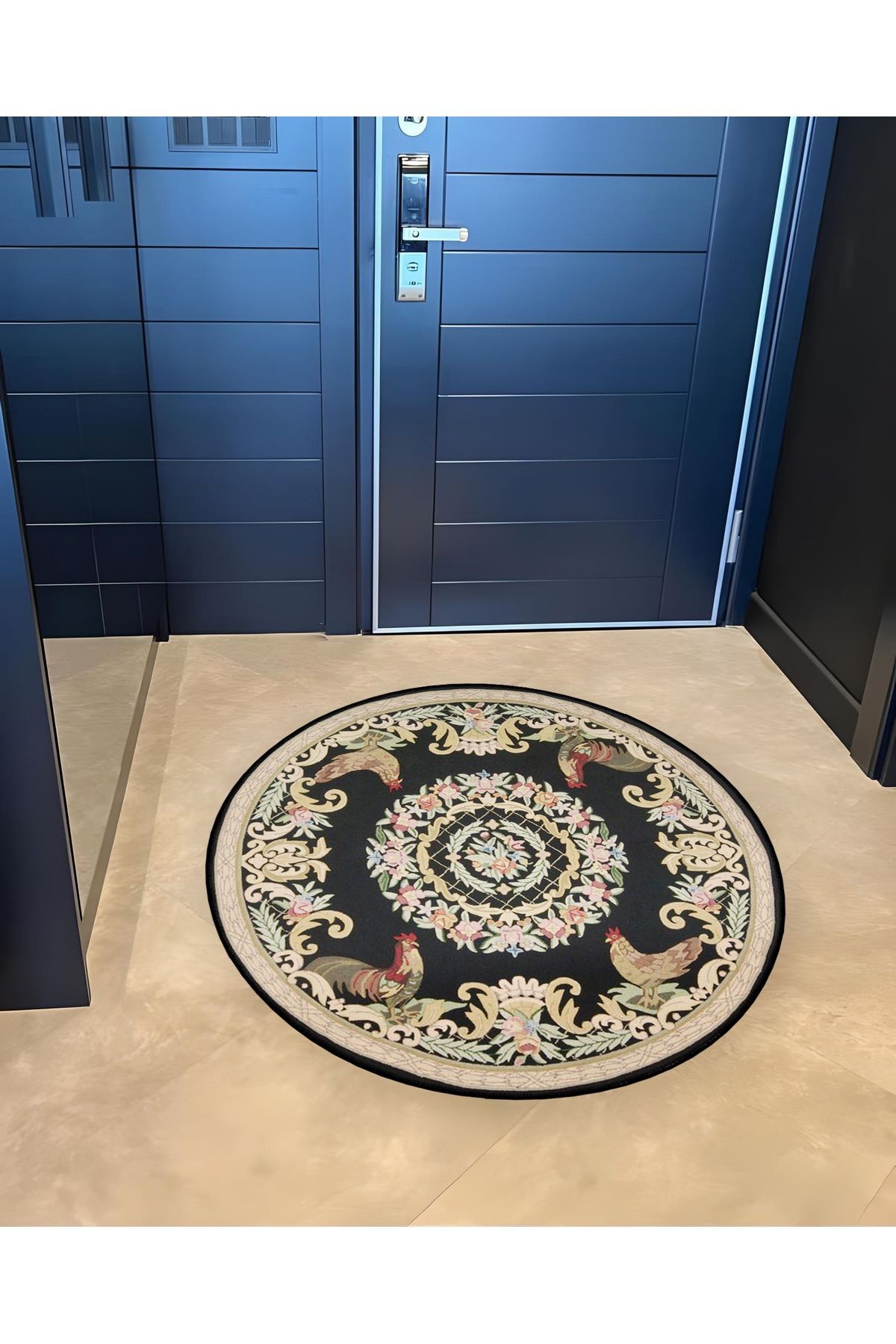 Siyah Tema Çiçek ve Tavuk Desenli Yuvarlak Dokuma Taban Vintage Dekoratif Halı 6107