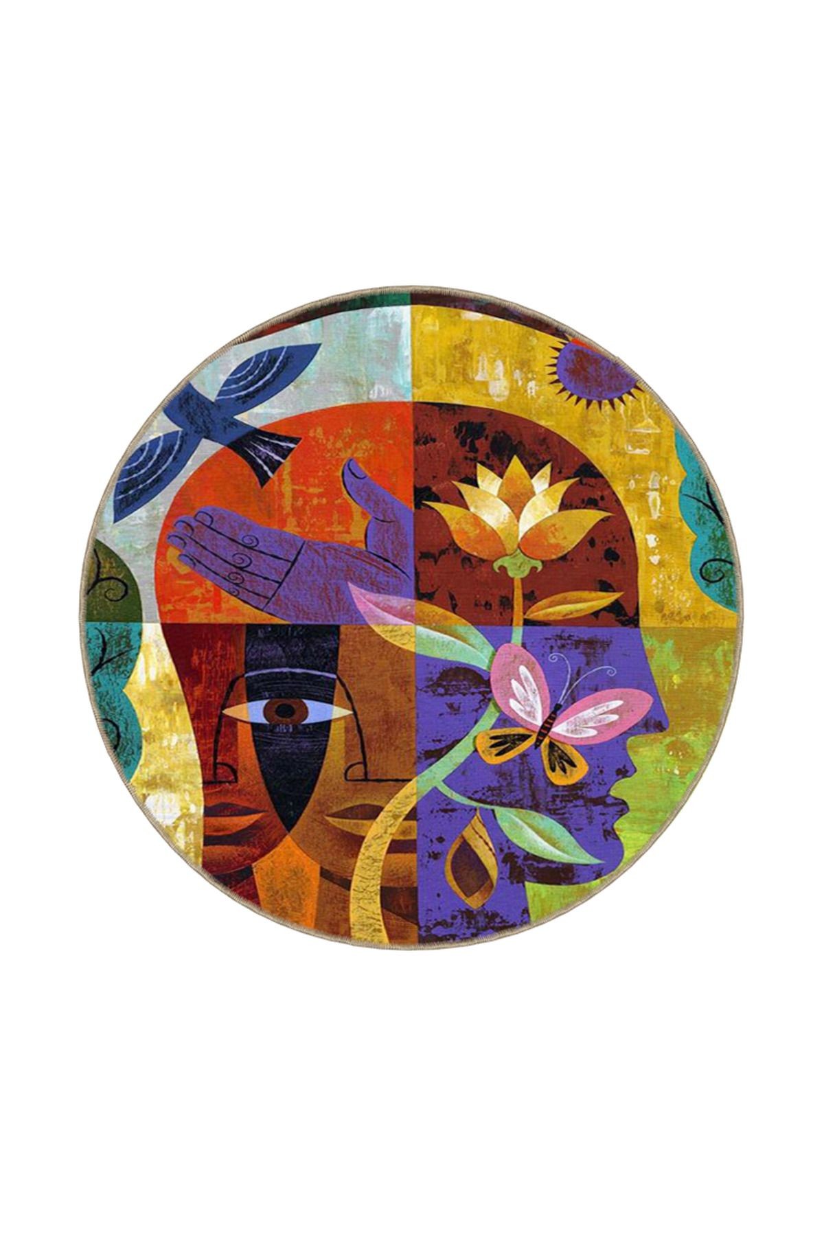 İnsan Kafası Floral Çiçekli Desenli Dekoratif Yıkanabilir Halı miravip8690