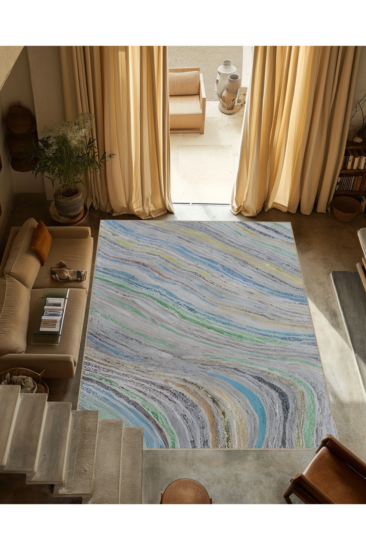 Çok Renkli Dalgalı Soyut Desenli Kreatif Modern Dekoratif Halı 3265