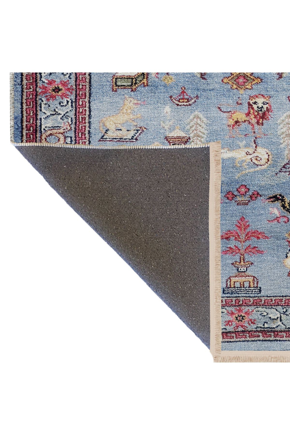 Mavi Temalı Sevimli Hayvan ve Etnik Çiçek Desenli Kreatif Vintage Dekoratif Halı 2461
