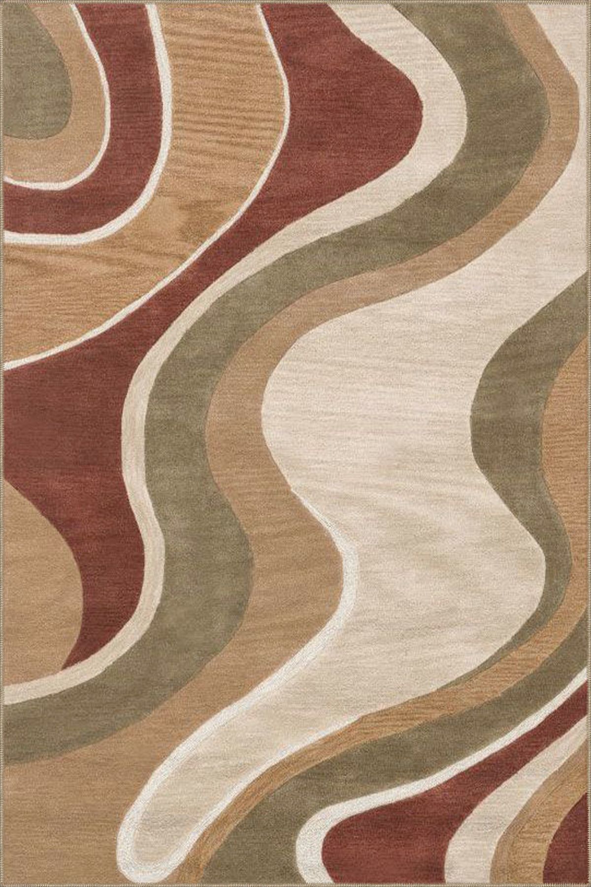 Dalgalı Kahverengi Tonlarda Desenli Dokuma Taban ve Yıkanabilir Halı miravip9378