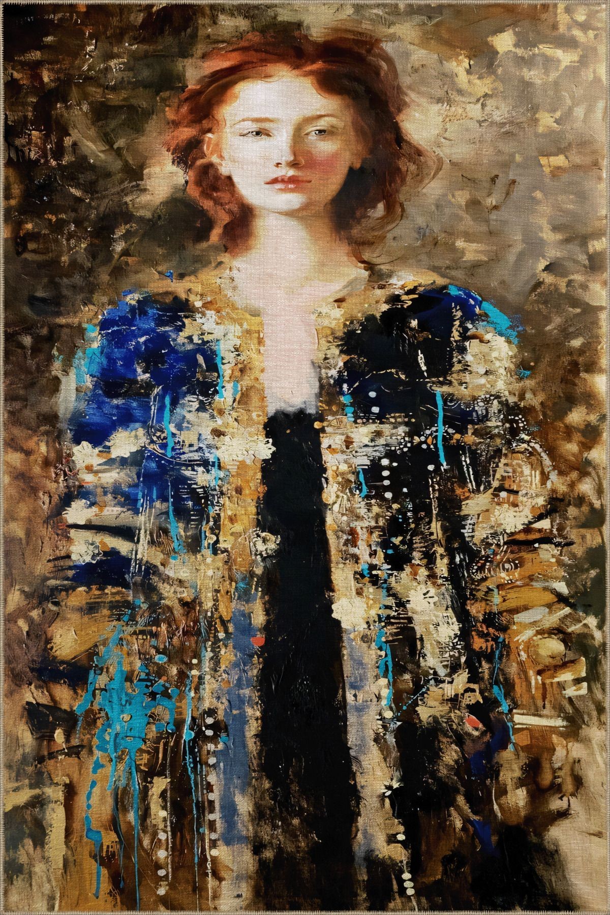 Sarı Mavi Temalı Asil Kadın Desenli Kreatif Modern Dekoratif Halı 2512