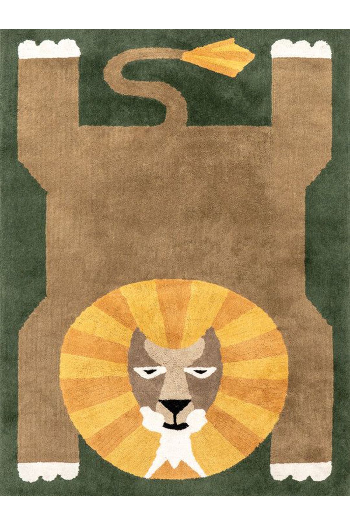 Asya Koleksiyonu Koyu Yeşil Sarı Aslan Desenli Dokuma Taban Modern Dekoratif Halı asya20