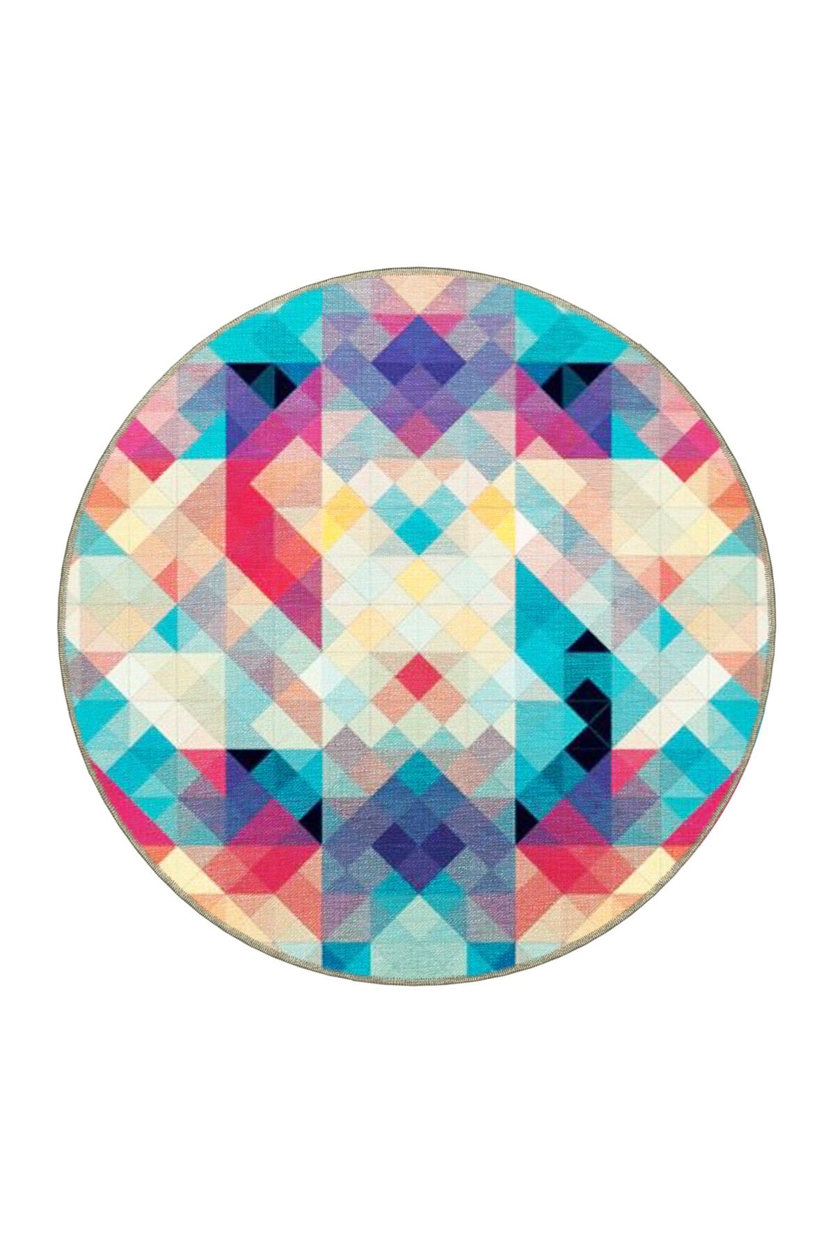 Turkuaz Temalı Çok Renkli Geometrik Şekil Desenli Modern Dekoratif Halı 4709