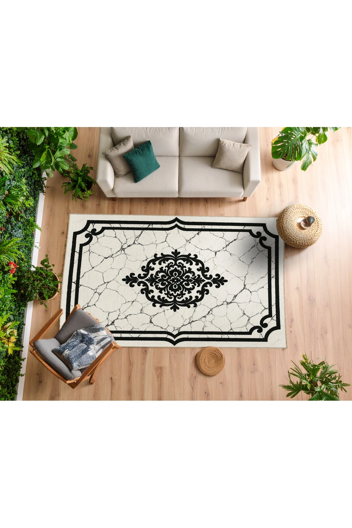 MOSSO Siyah Krem Tema Geleneksel Motif ve Mermer Desenli Dokuma Taban Modern Dekoratif Halı mosso325