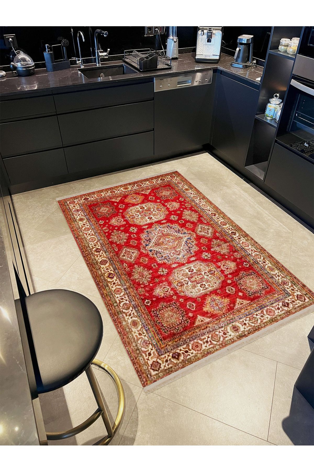 İnci Koleksiyonu Bej Bordür Detaylı Kırmızı Etnik Desenli Dokuma Taban Modern Dekoratif Halı inci45