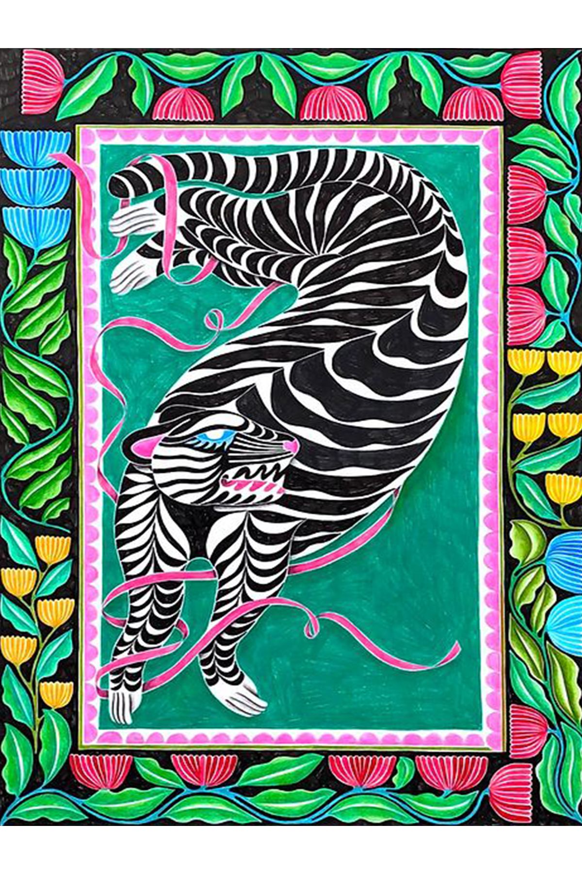 Özge Koleksiyonu Yeşil Pembe Temalı Vahşi Hayvan Desenli Dokuma Taban Dekoratif Halı özge50