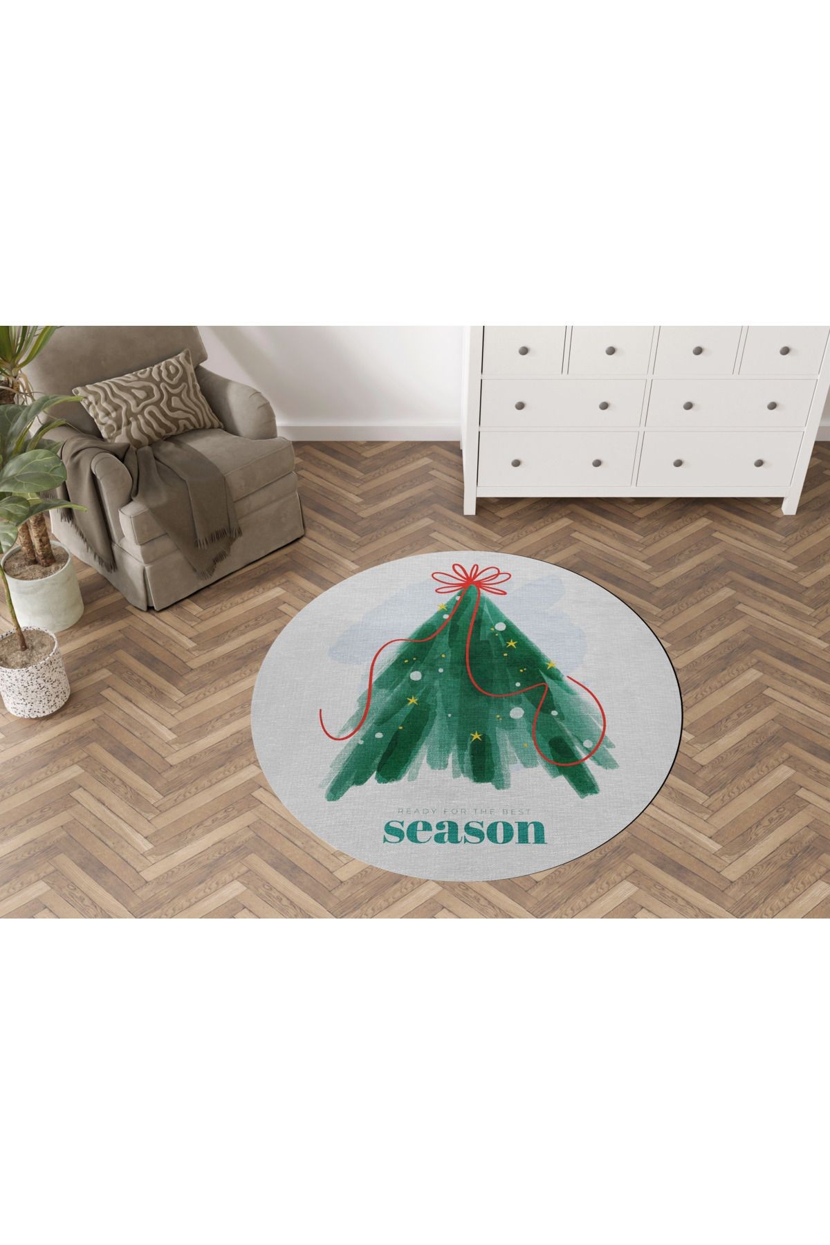 Yeşil Bej Yılbaşı Temalı Season Yazılı Ağaç Desenli Modern Dokuma Taban Yuvarlak Dekoratif Halı 2253