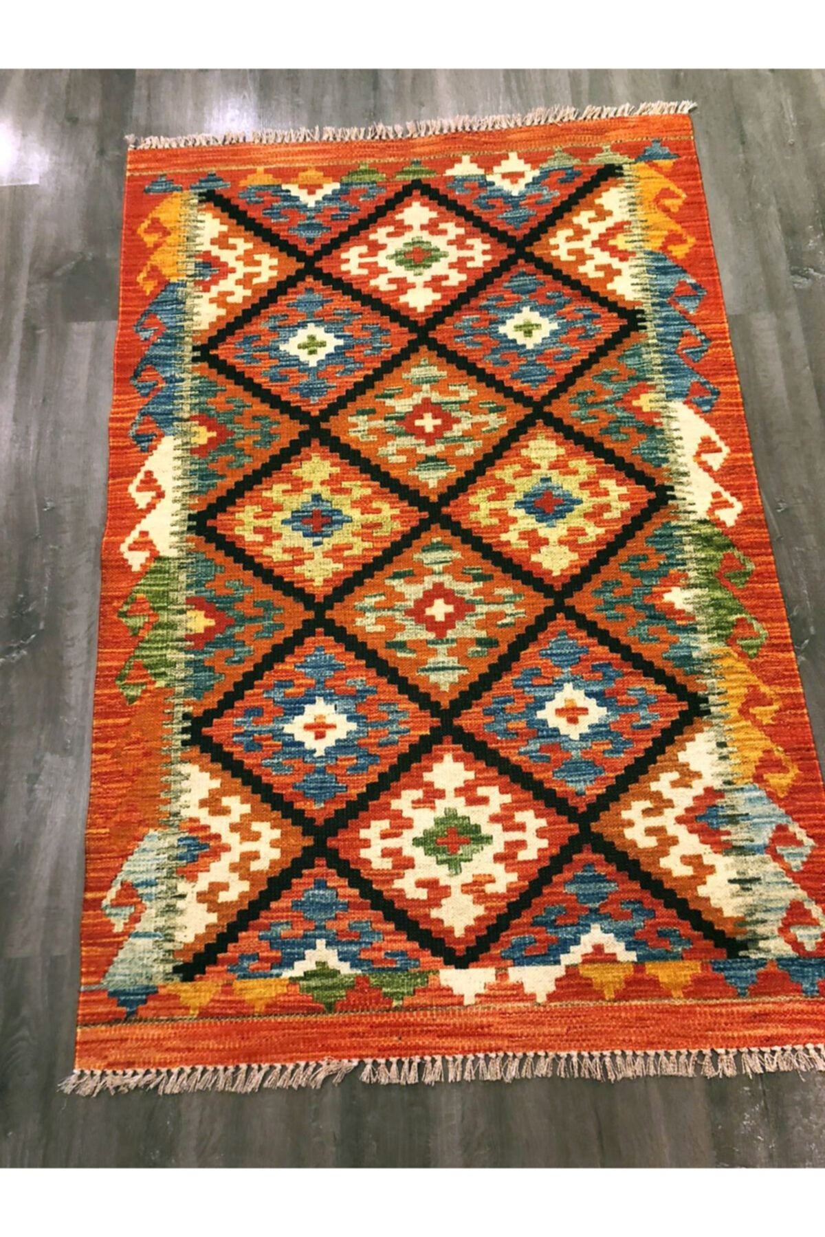 Cotton Pamuklu Çok Renkli Otantik Ve Etnik Desenli Kilim Orange 503