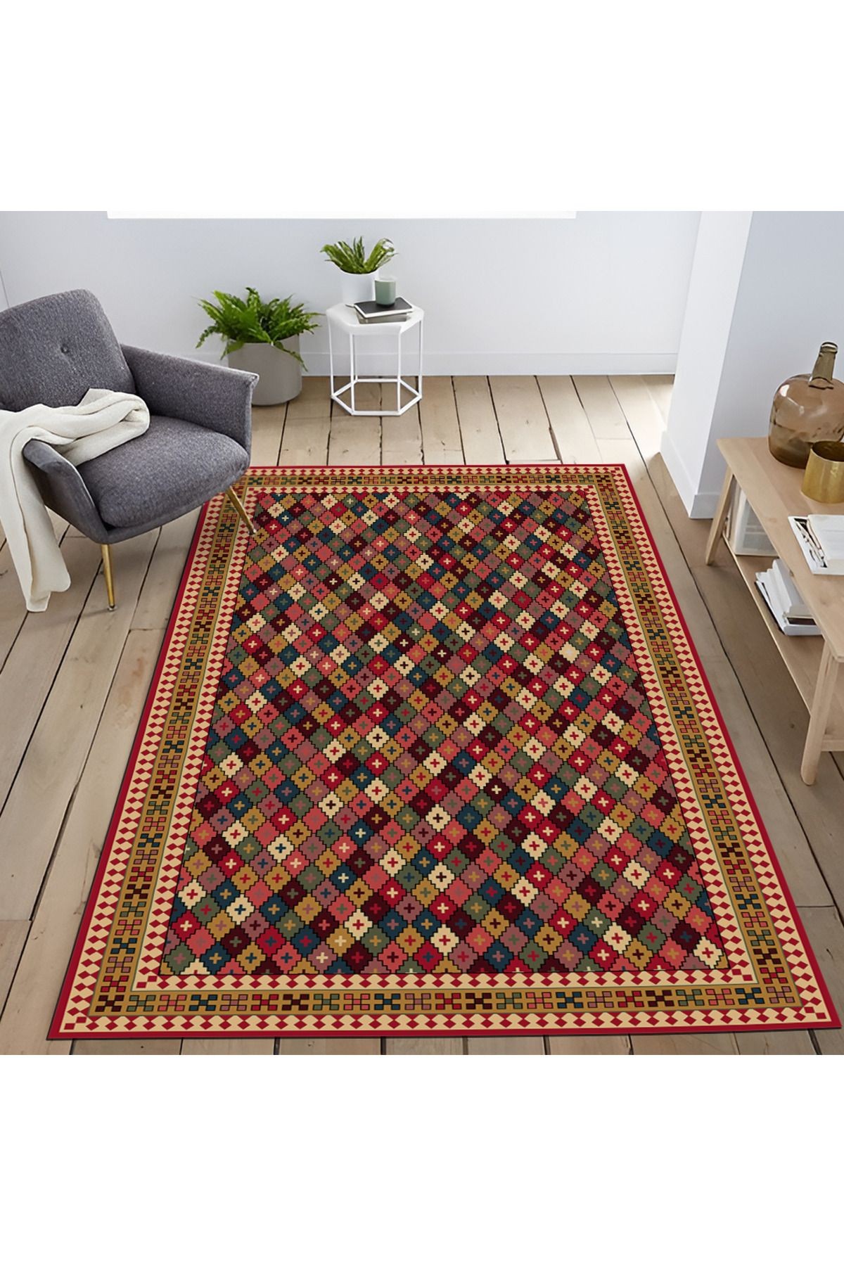 Mira Çok Renkli Çapraz Geometrik Desenli Vintage Dekoratif Halı Mira 1571