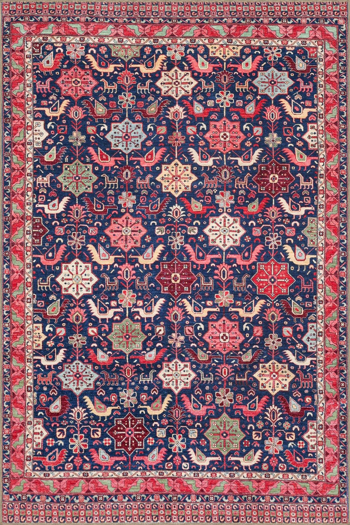 Bordürlü Floral Pembe Temalı Desenli Dokuma Taban Halı ve Yıkanabilir Halı aloha55