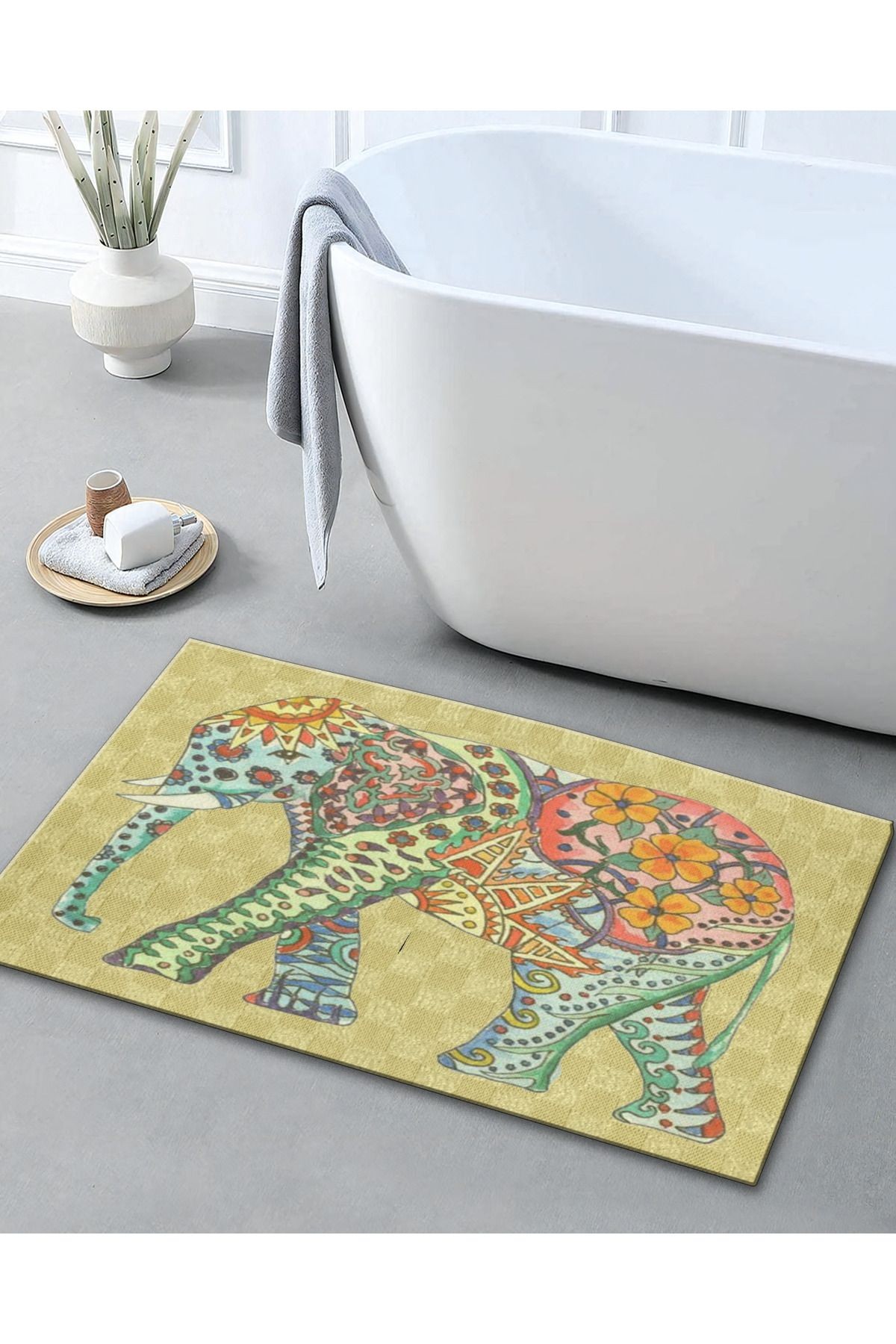 Çok Renkli Soyut Fil Desenli Modern Dekoratif Banyo Paspası 90×60