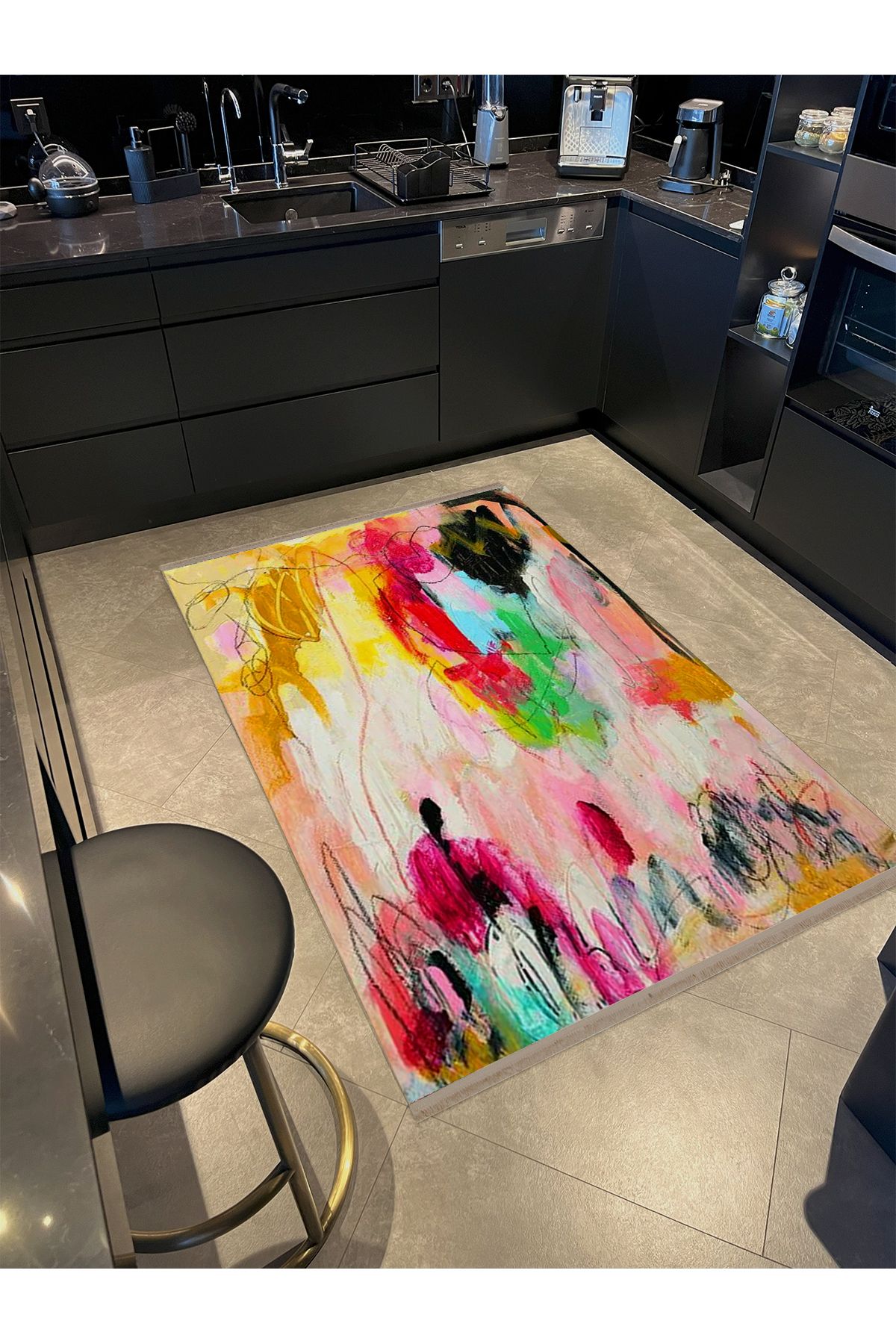 Özge Koleksiyonu Yağlı Boya Görünümlü Çok Renkli Soyut Desenli Dokuma Taban Dekoratif Halı özge19