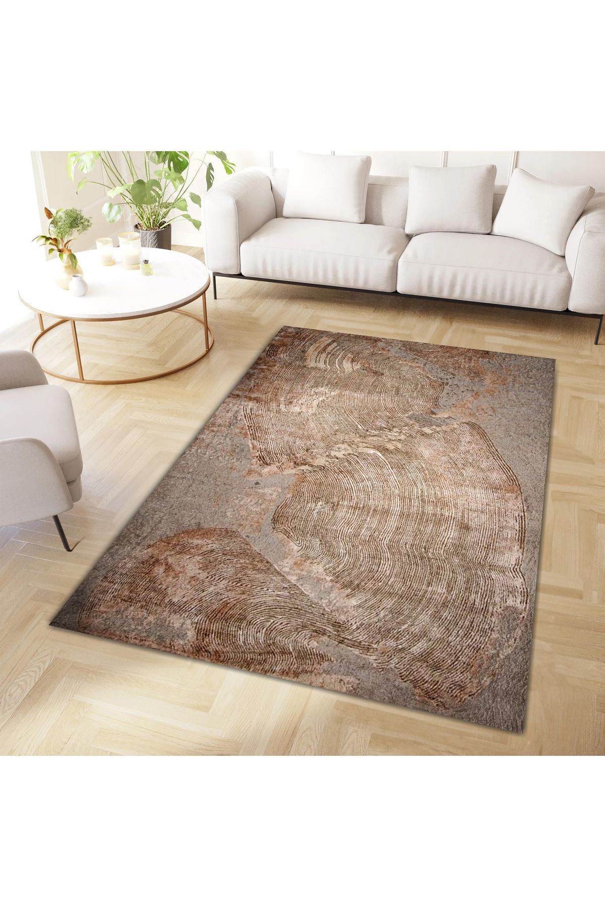 Aysu Koleksiyonu Kahve Bej Soyut Desenli Dokuma Taban Modern Dekoratif Halı aysu42