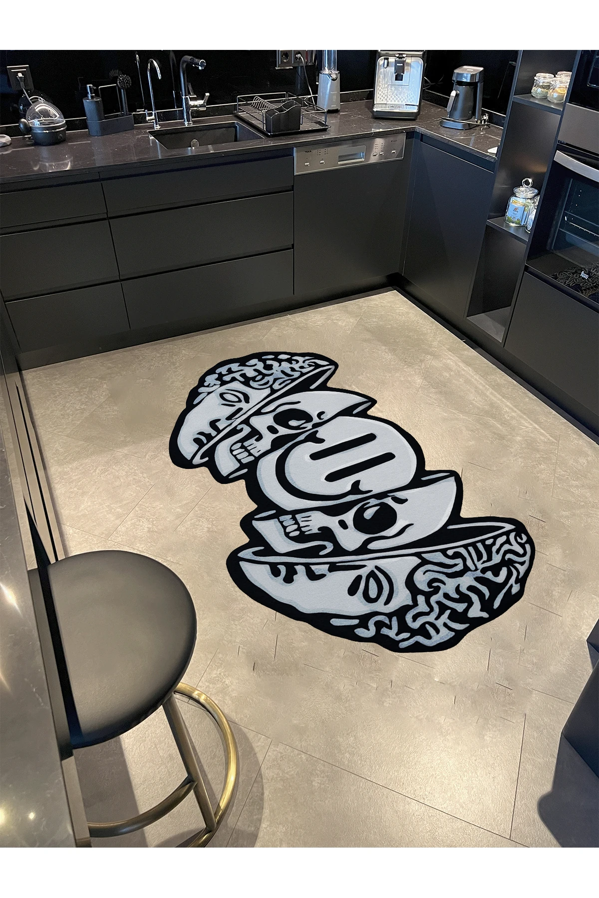 MOSSO Gri Tonlar Kafatası Güler Yüz Soyut Desenli Dokuma Taban Modern Dekoratif Halı mosso344