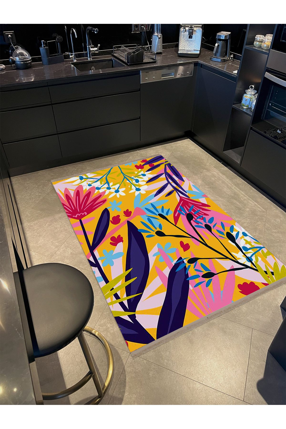 Özge Koleksiyonu Çok Renkli Çiçekler ve Yapraklar Desenli Modern Dekoratif Halı özge07