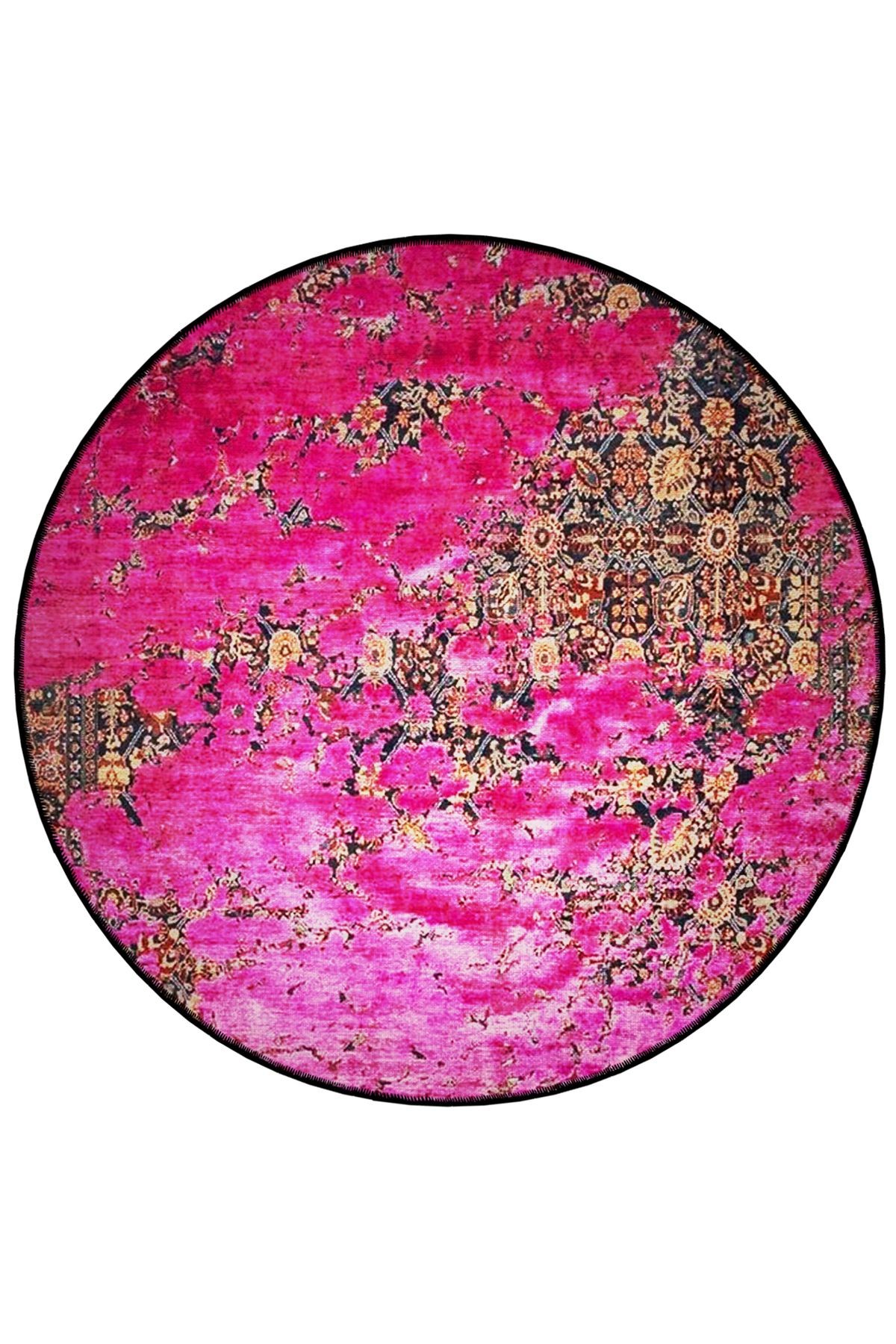 Pembe Temalı Motifli Soyut Desenli Yuvarlak Dokuma Taban Vintage Dekoratif Halı 6178