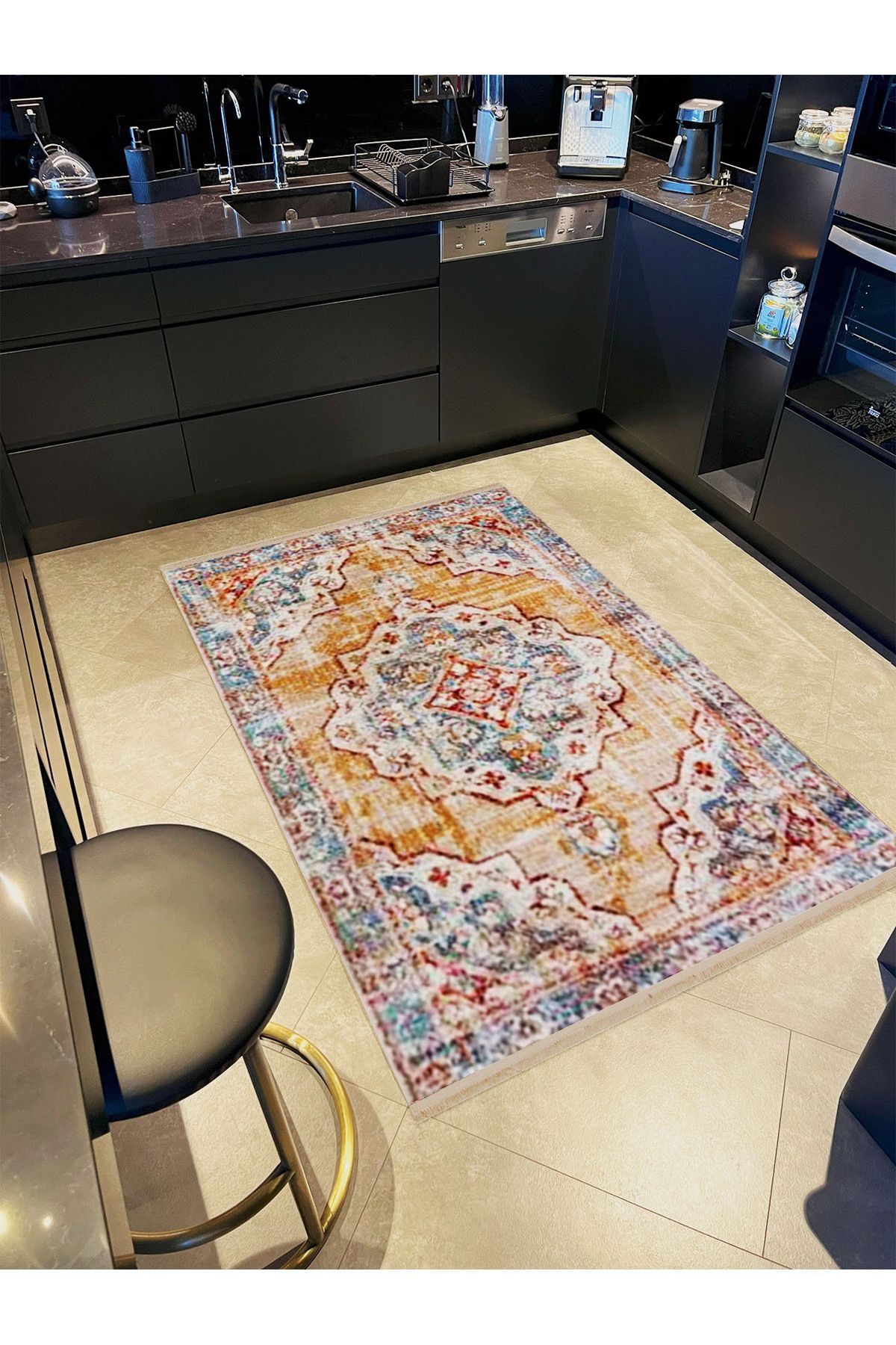 Alya Koleksiyonu Mavi Kahve Tonlarda Eskitme Görünümlü Dokuma Taban Dekoratif Halı alya01