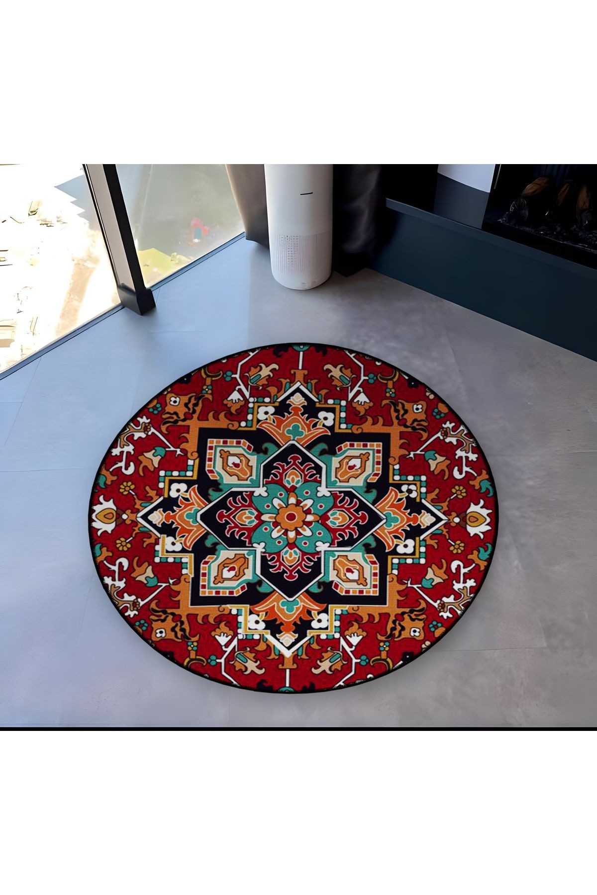 Bordo Temalı Geleneksel Motif Desenli Yuvarlak Dokuma Taban Vintage Dekoratif Halı 6134