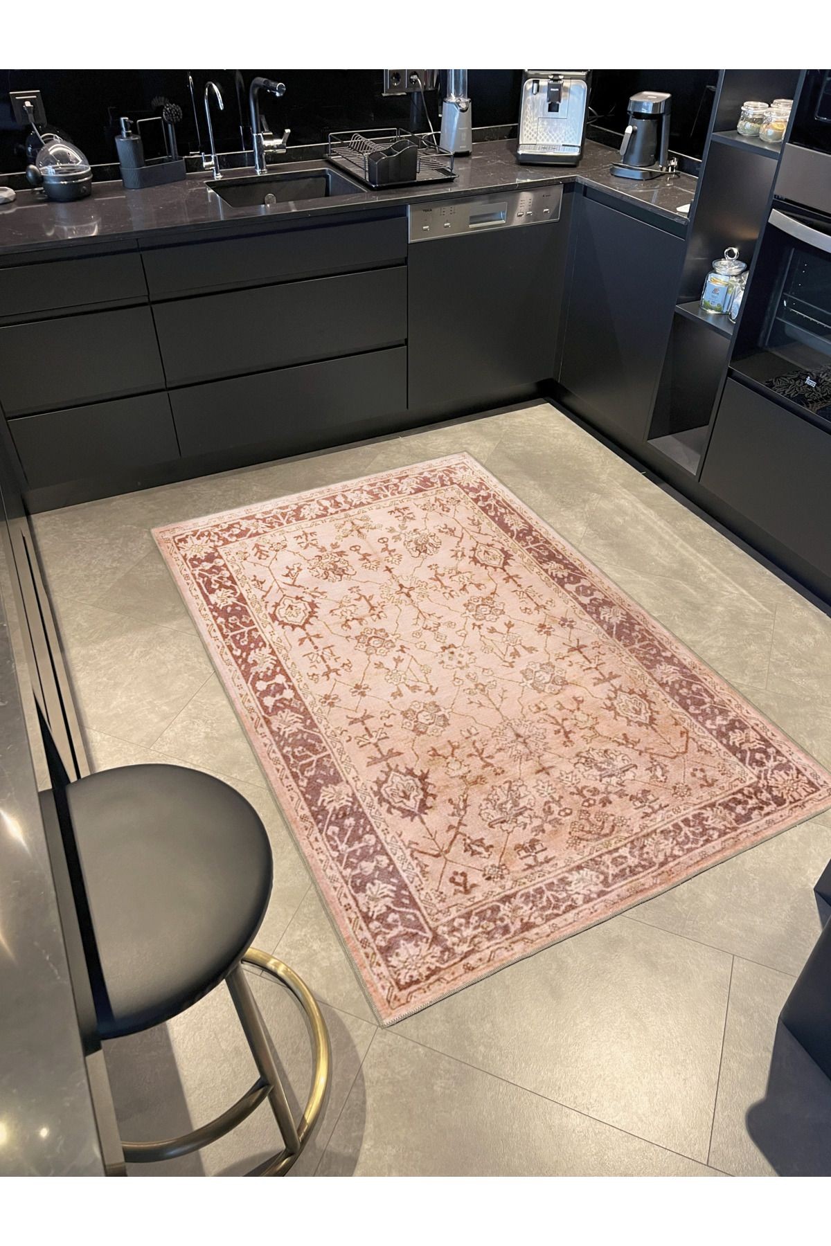 Bej Pudra Temalı Motifli Etnik Çiçek Desenli Vintage Dekoratif Halı 3305