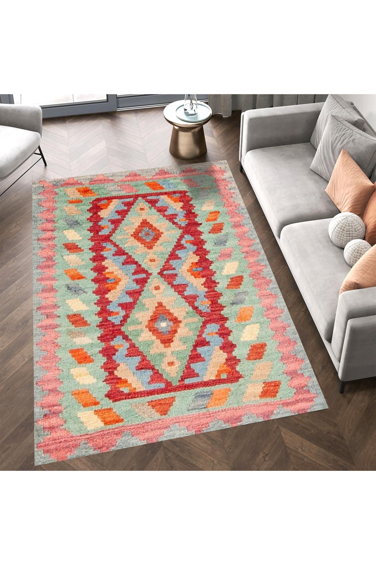 Aysu Koleksiyonu Pembe Yeşil Kırmızı Etnik Desenli Dokuma Taban Modern Dekoratif Halı aysu29