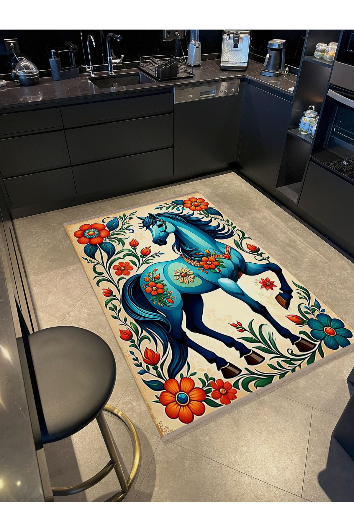 Özge Koleksiyonu Turuncu Çiçek Detaylı Mavi At Desenli Dokuma Taban Modern Dekoratif Halı özge10