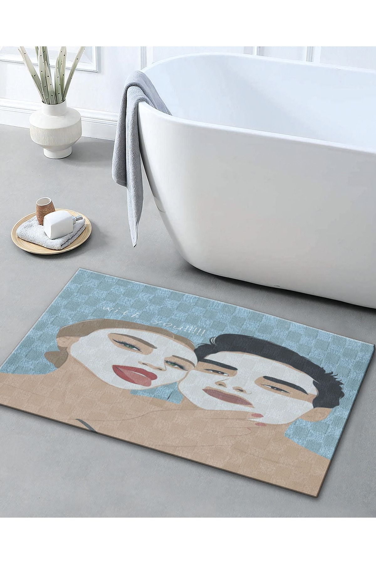 Mavi Bej Temalı Erkek ve Kadın Portre Desenli Modern Dekoratif Banyo Paspası 90×60