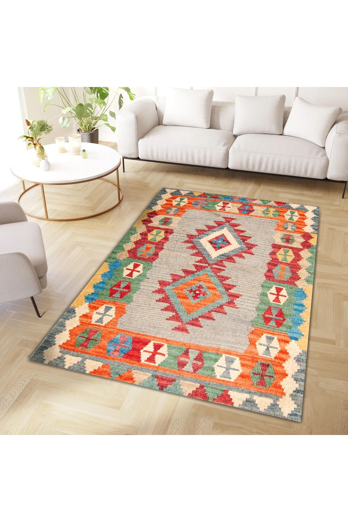 Aysu Koleksiyonu Çok Renkli Etnik Desenli Dokuma Taban Modern Dekoratif Halı aysu13