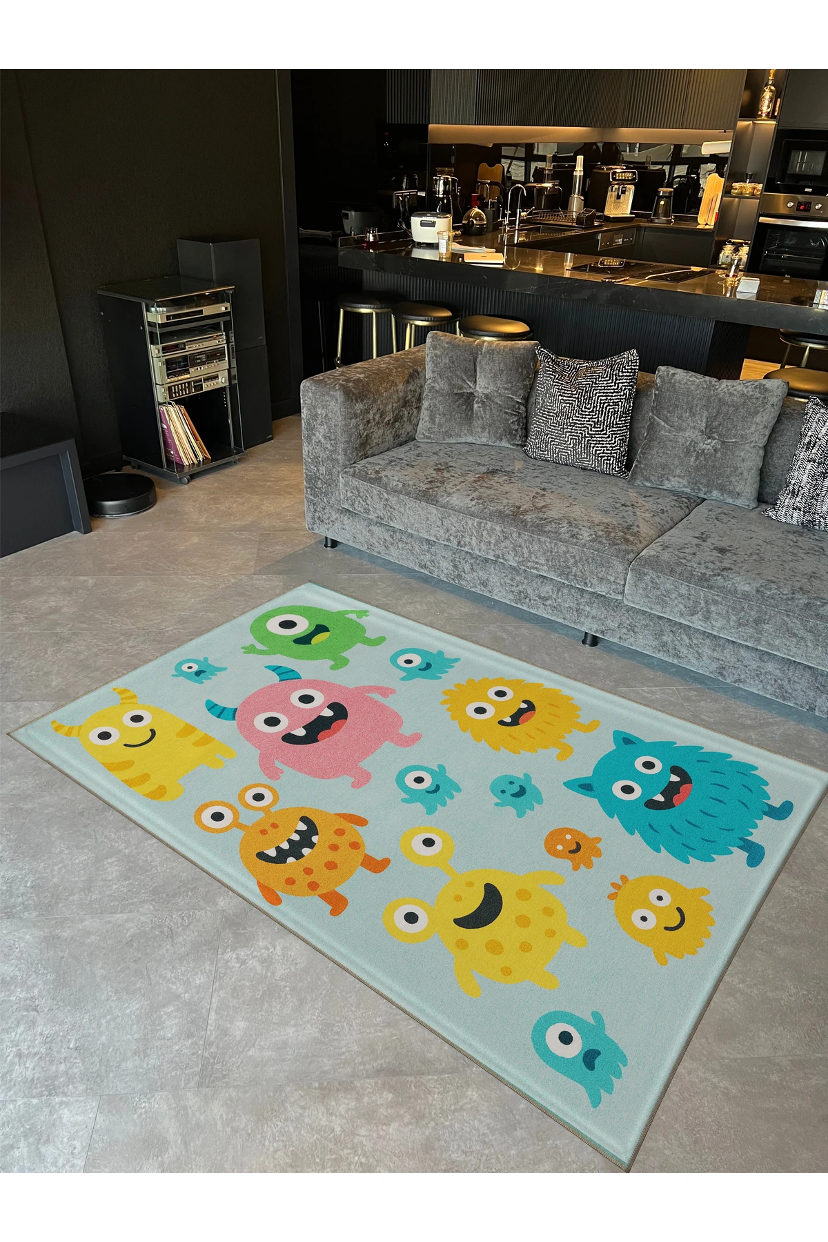 MOSSO Çok Renkli Çizgi Karakter Figürleri Desenli Dokuma Taban Modern Dekoratif Halı mosso313