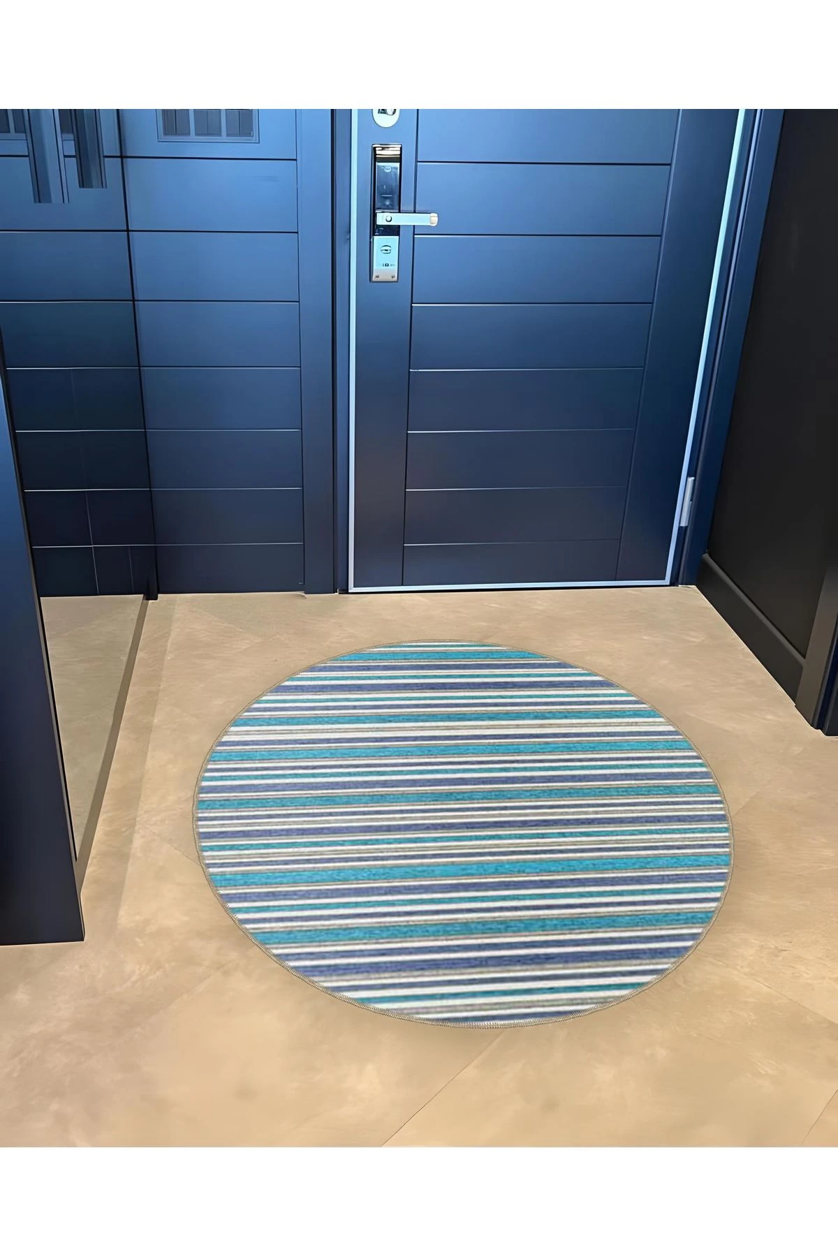 Mira Yuvarlak Mavi Yeşil Çizgi Detaylı Dokuma Taban Modern Dekoratif Halı 5562