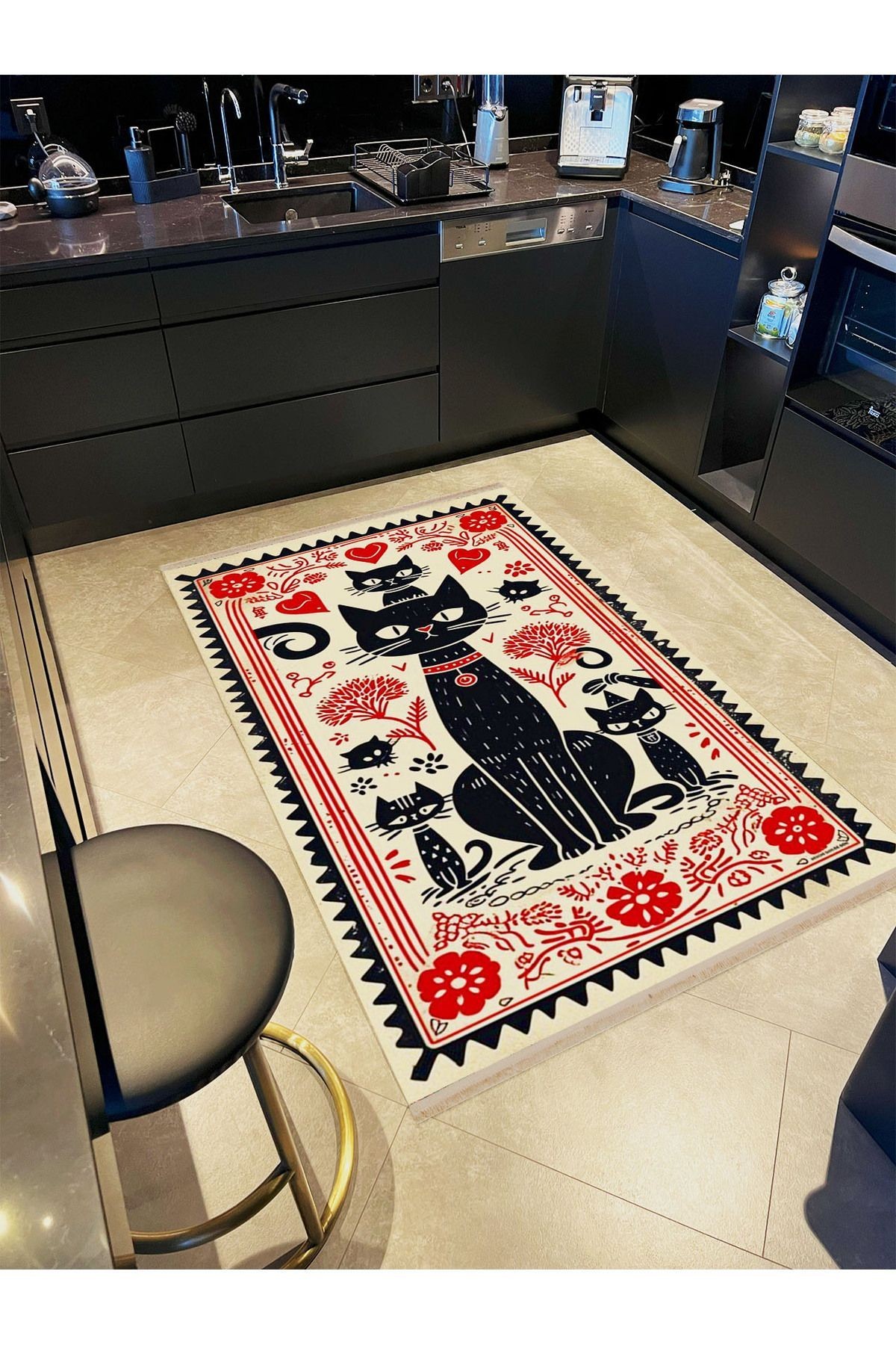 İnci Koleksiyonu Siyah Kedi Desenli Dokuma Taban Modern Dekoratif Halı inci06