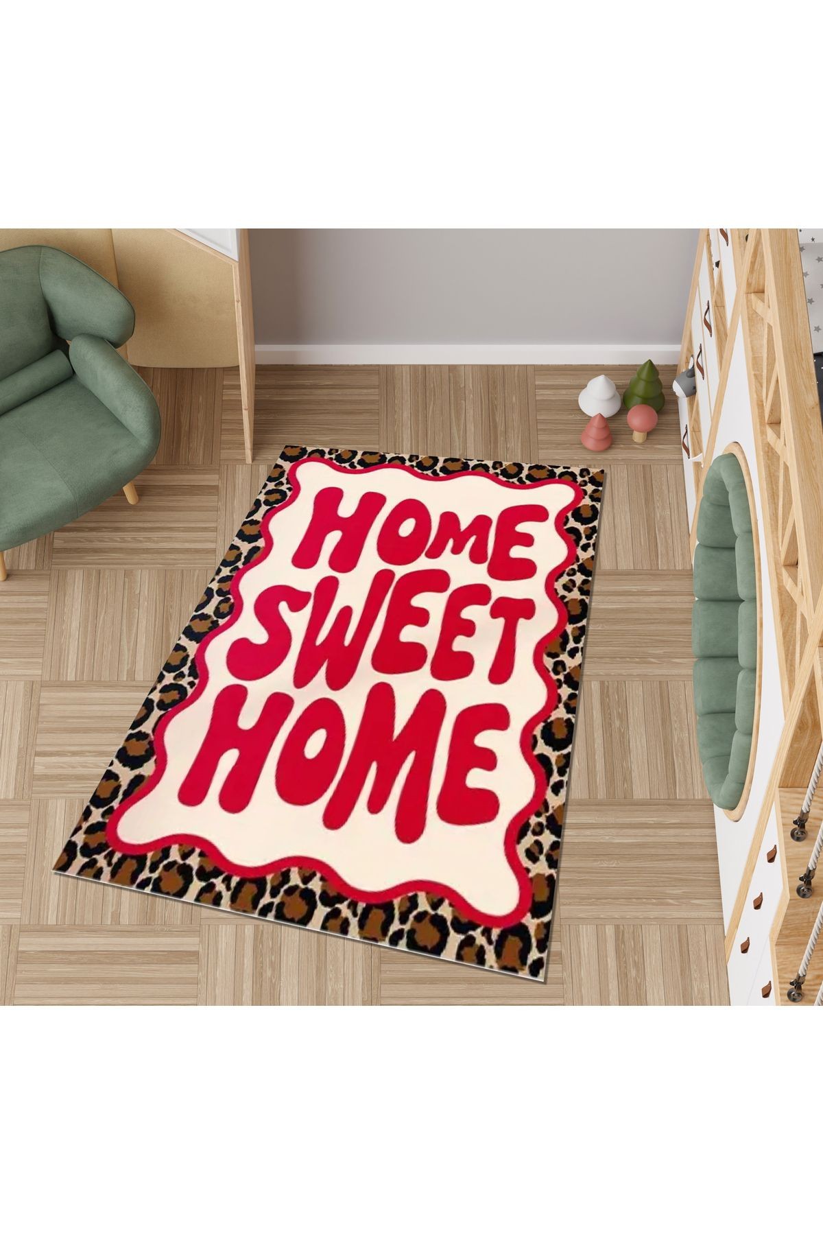 Lina Koleksiyonu Leopar Desenli Home Sweet Home Yazı Detaylı Dokuma Taban Dekoratif Halı lina65