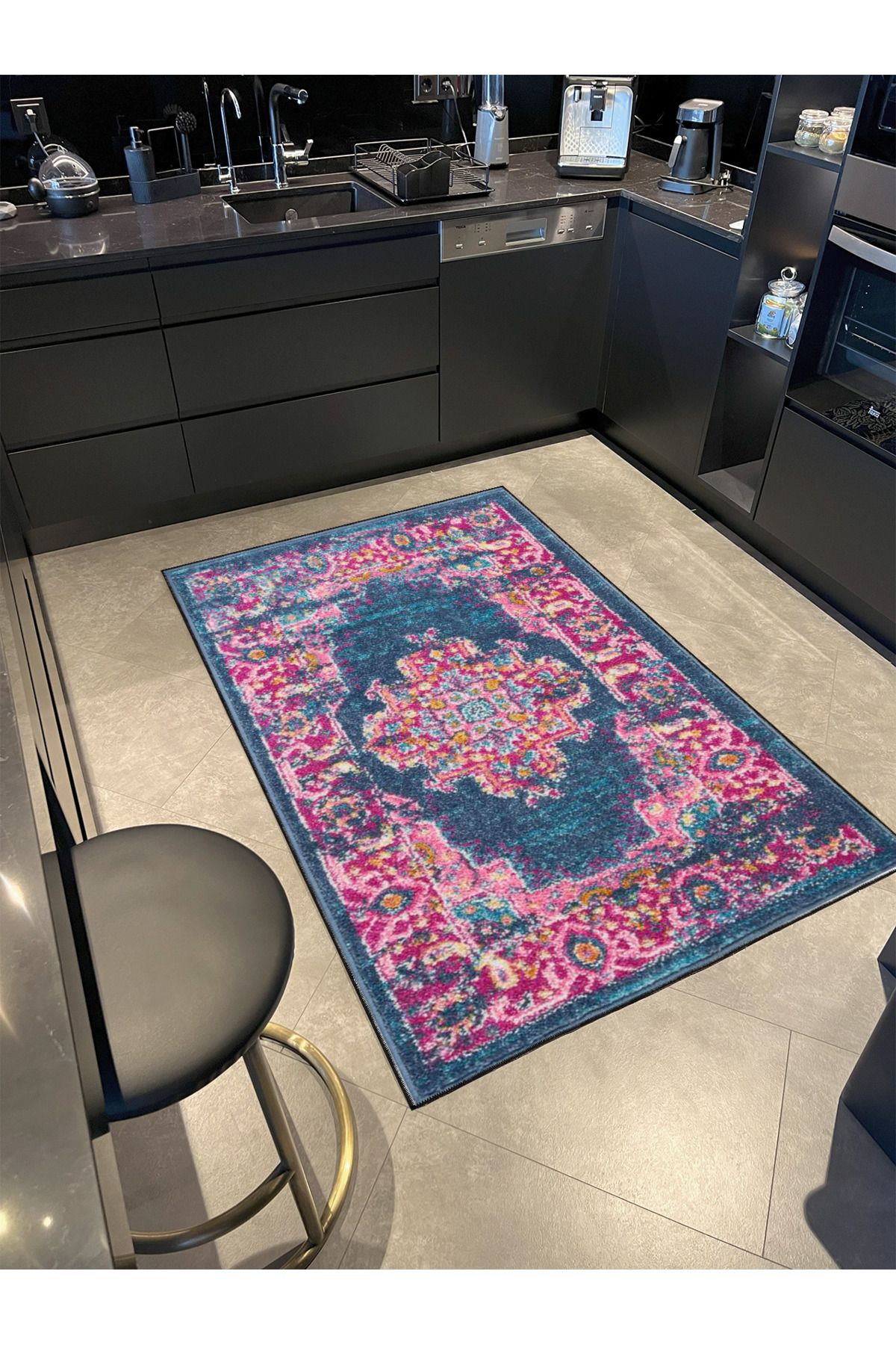 Mavi Çiçekli Gelenksel Desenli Dokuma Taban miravip635