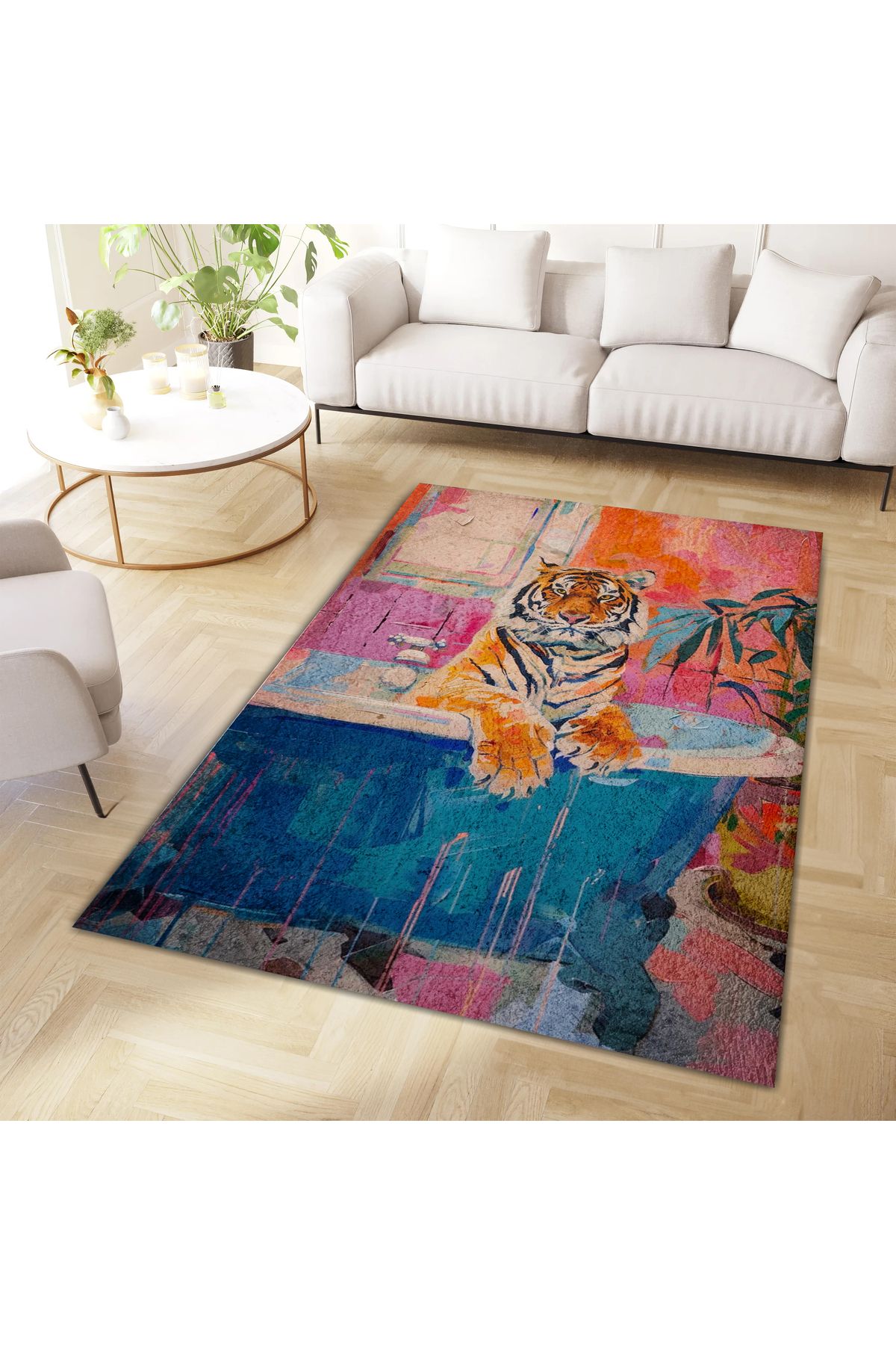 Kuzey Koleksiyonu Mavi Küvette Kaplan Desenli Dokuma Taban Dekoratif Halı kuzey41